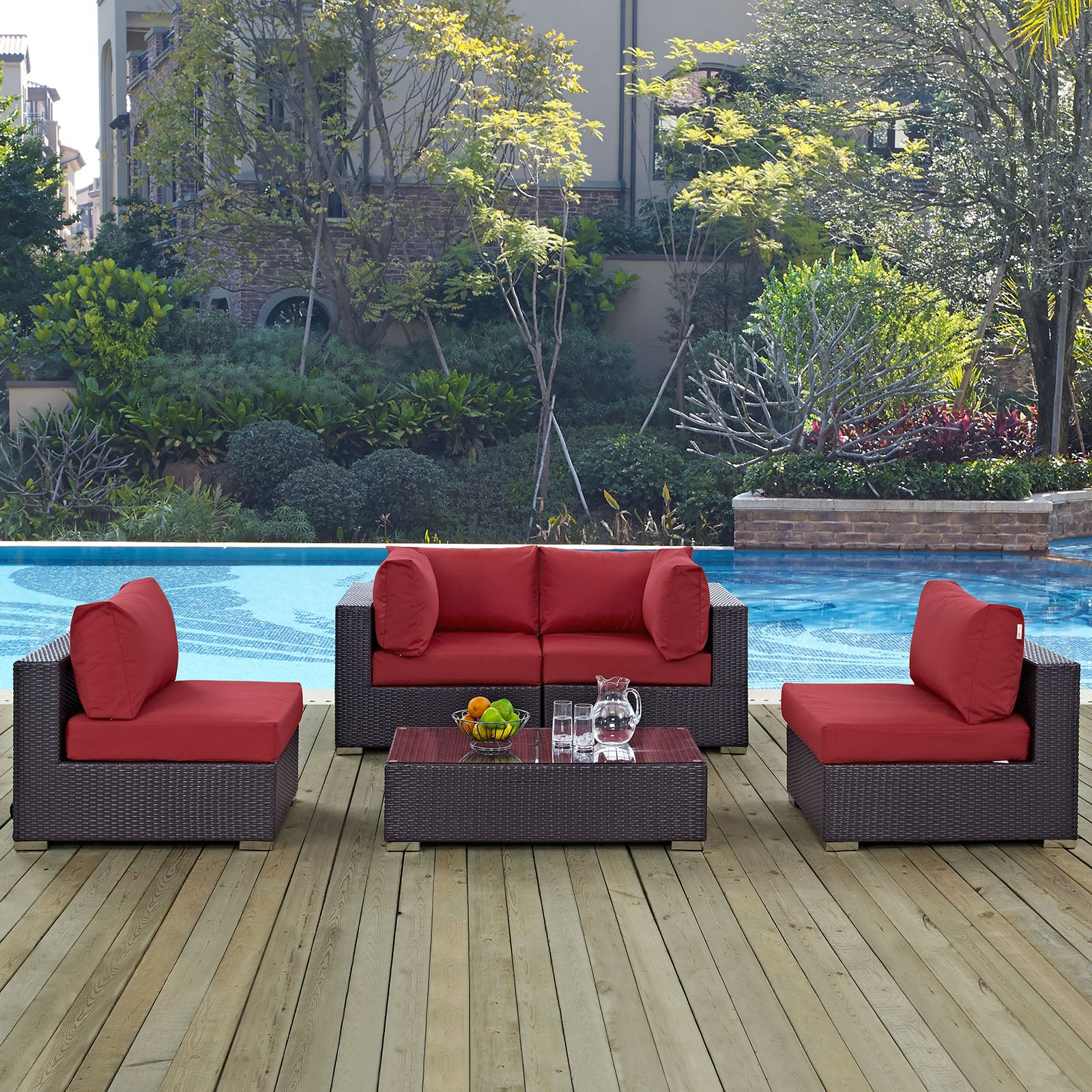 Modway Outdoor Conversation Sets - Convene 5 Piece Outdoor Rattan Patio Sectional Set Espresso & Red