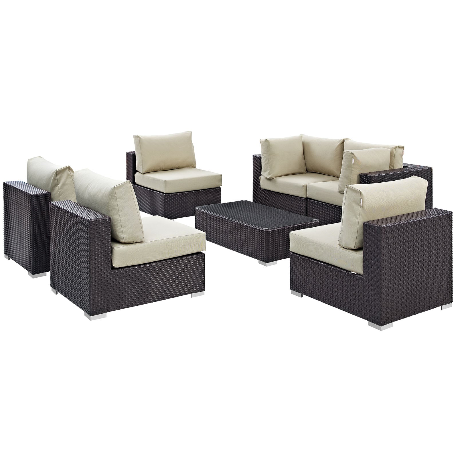 Modway Outdoor Conversation Sets - Convene 7 Piece 201" Outdoor Patio Sectional Set Espresso Beige