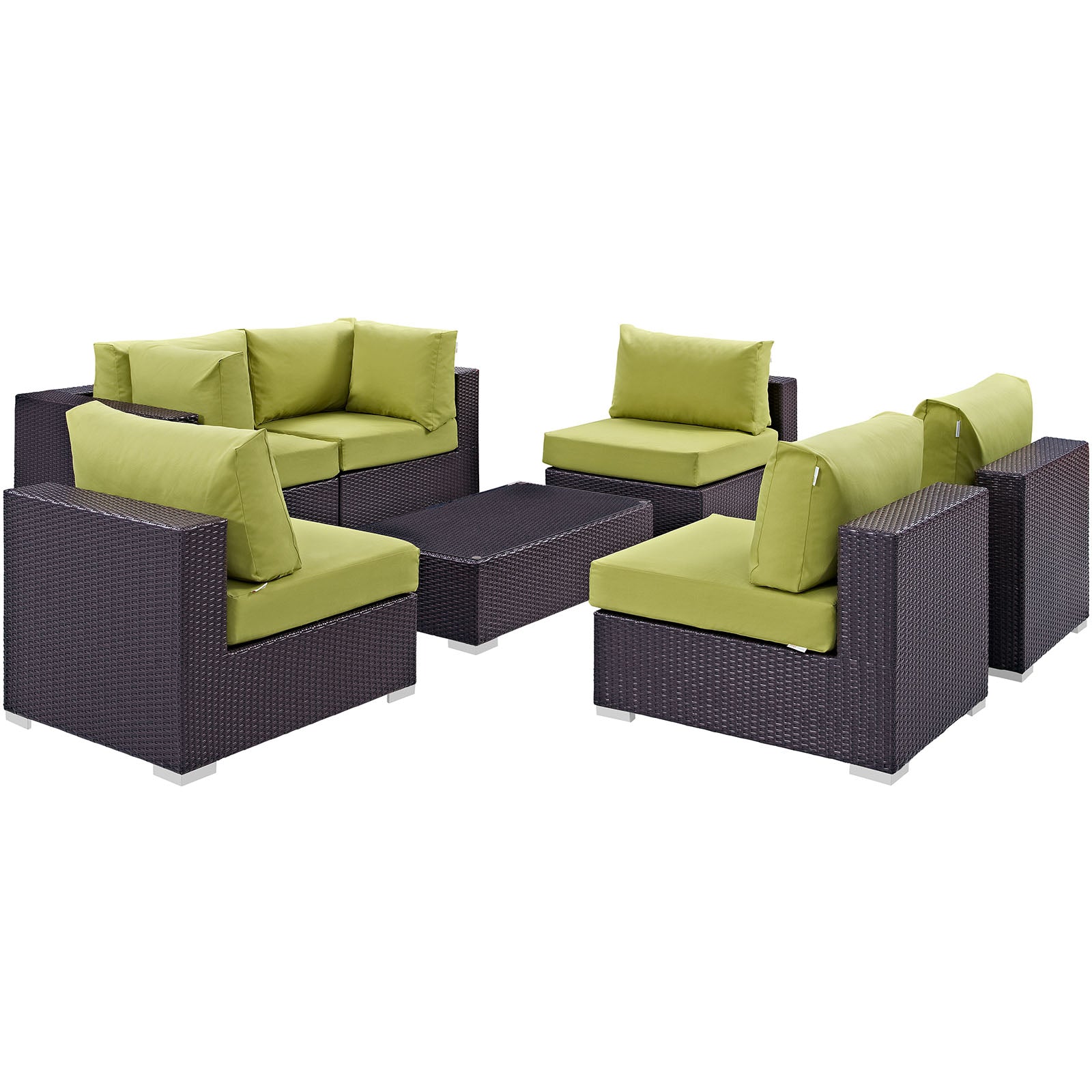 Modway Outdoor Conversation Sets - Convene 7 Piece Outdoor Sectional Set Espresso Peridot