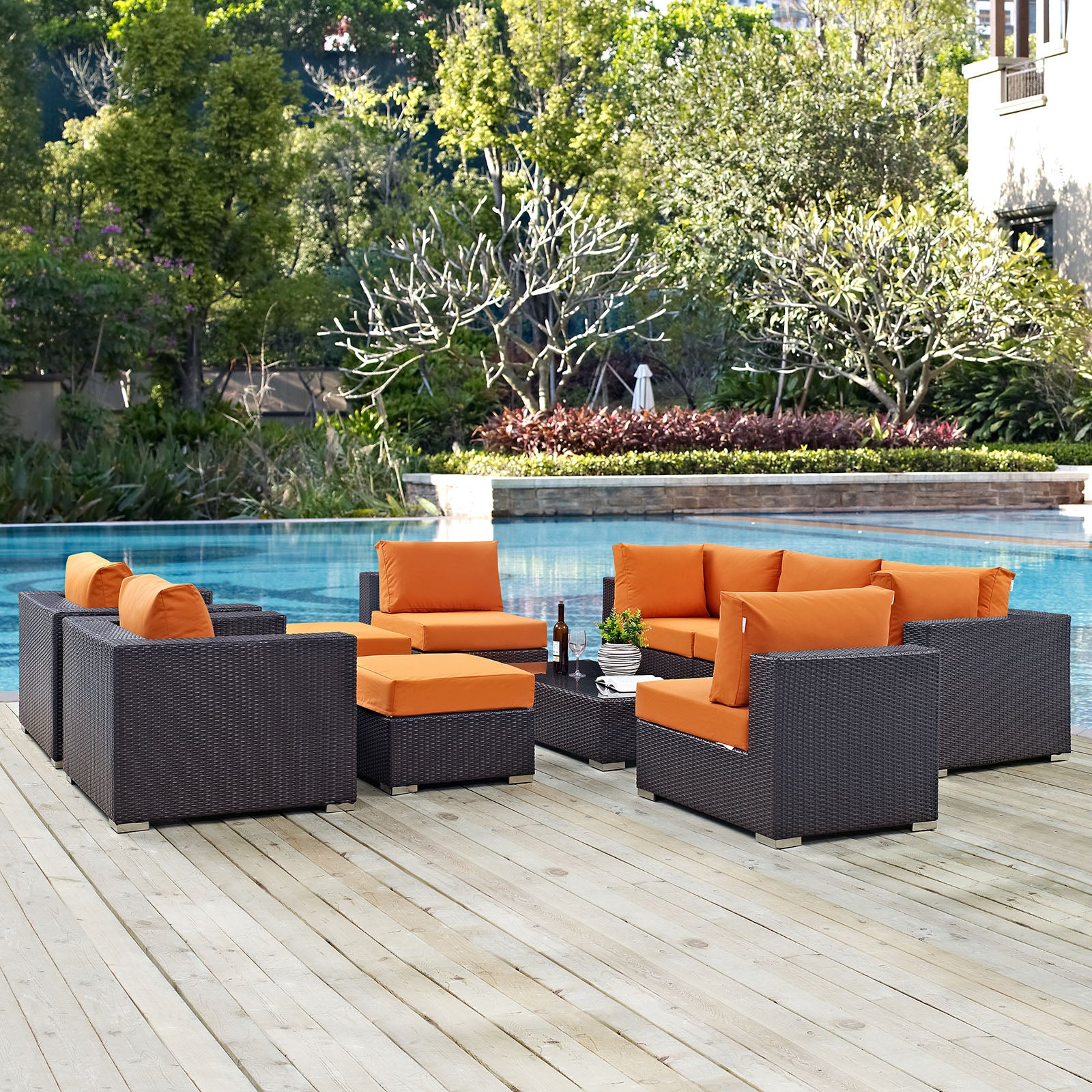 Modway Outdoor Conversation Sets - Convene 10 Piece Outdoor Patio Sectional Set Espresso Orange