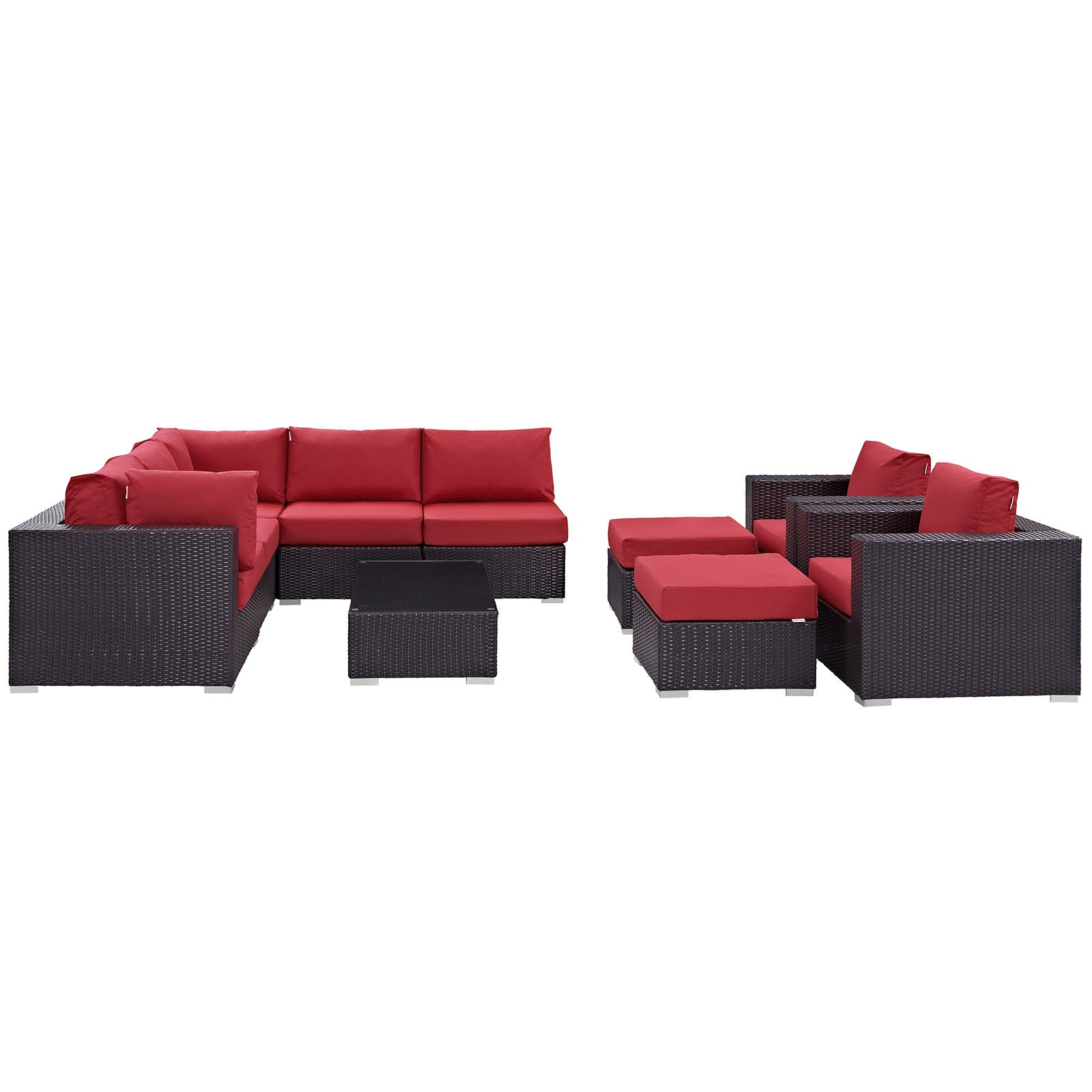 Modway Outdoor Conversation Sets - Convene 10 Piece Outdoor Patio Sectional Set Espresso Red