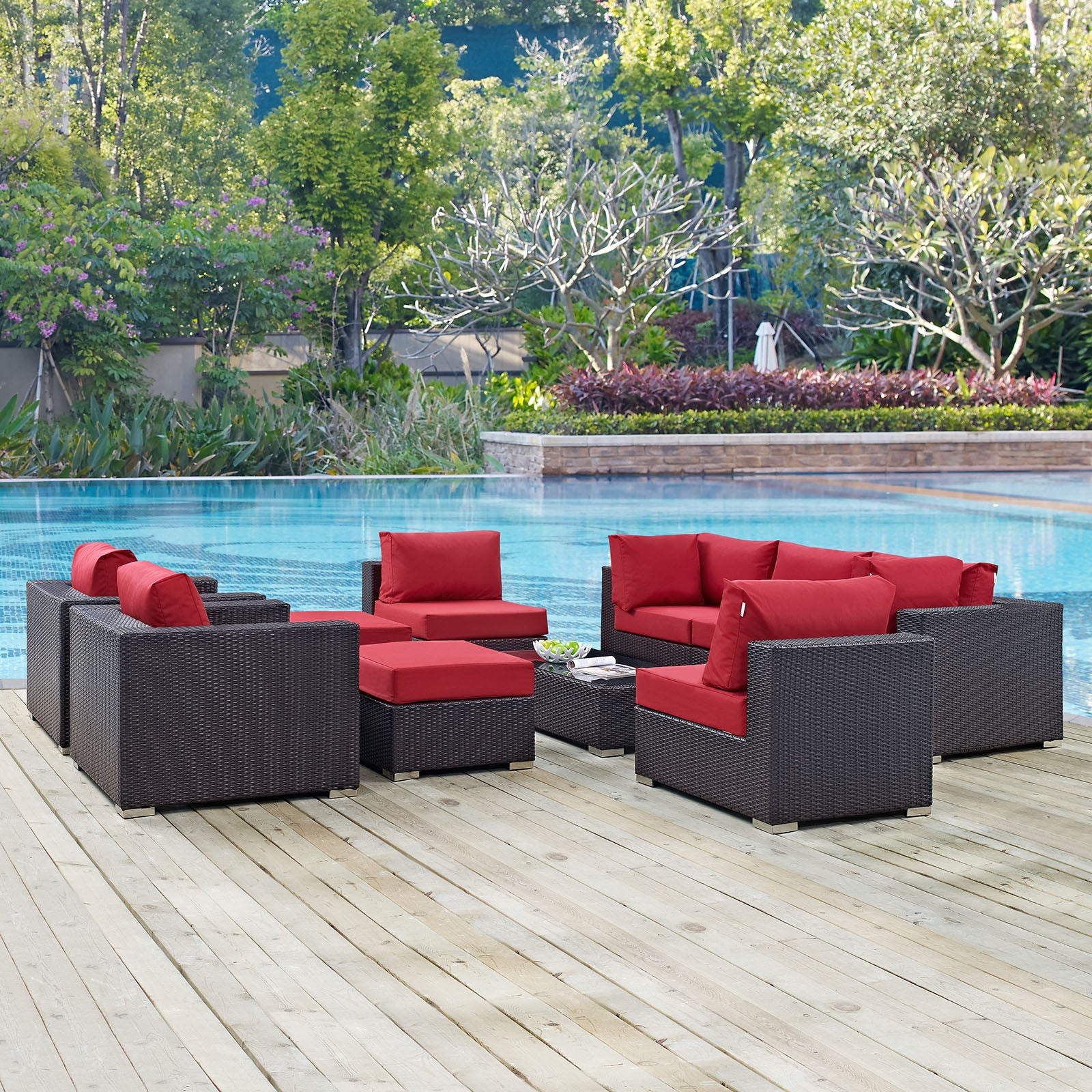 Modway Outdoor Conversation Sets - Convene 10 Piece Outdoor Patio Sectional Set Espresso Red