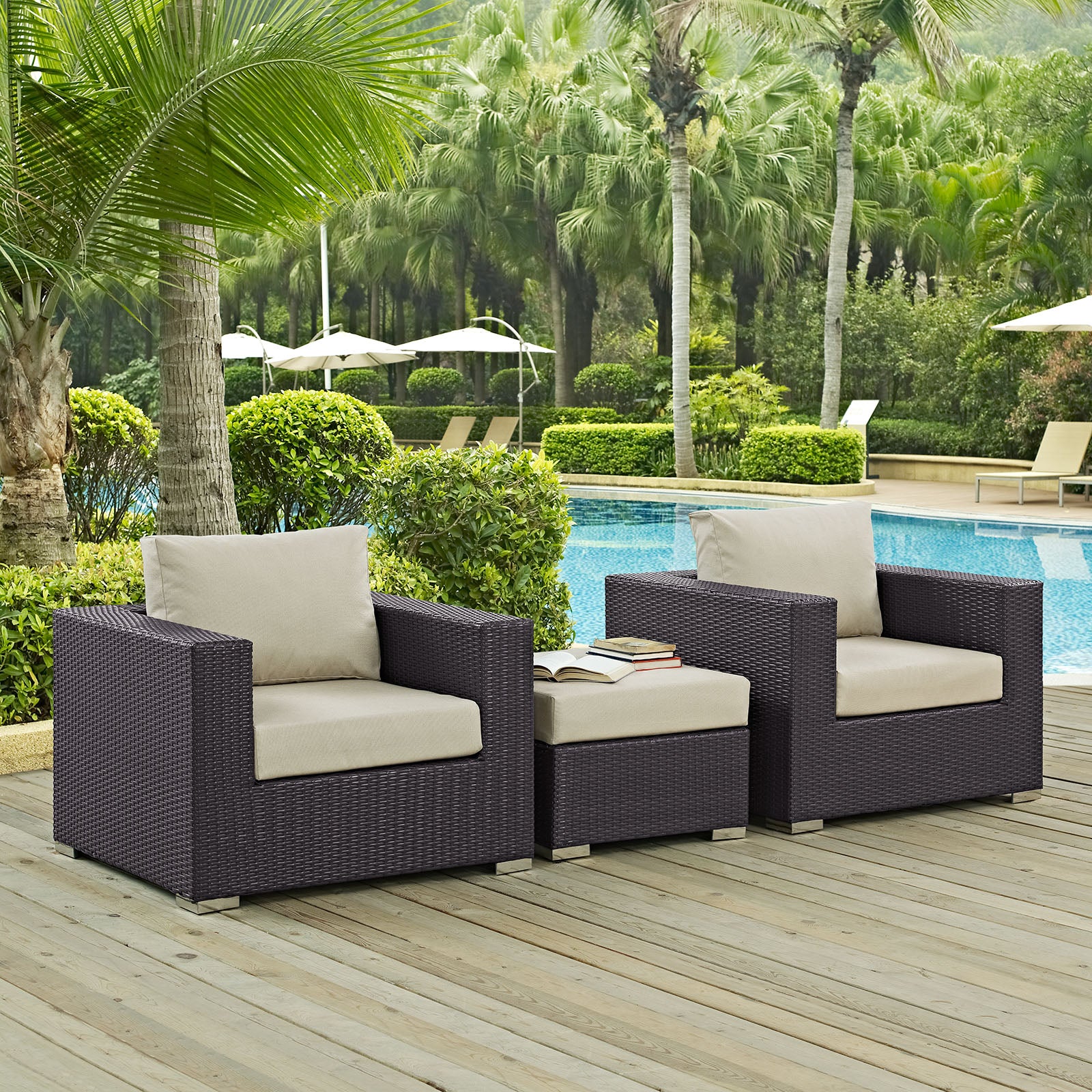 Modway Outdoor Conversation Sets - Convene 3 Piece Outdoor Sofa Set Espresso Beige