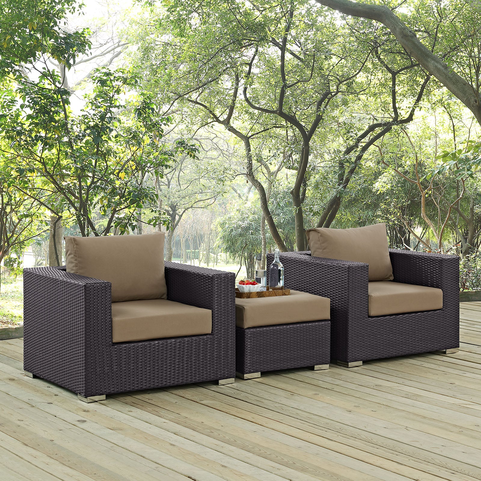 Modway Outdoor Conversation Sets - Convene 3 Piece Outdoor 113" W Patio Sofa Set Espresso Mocha