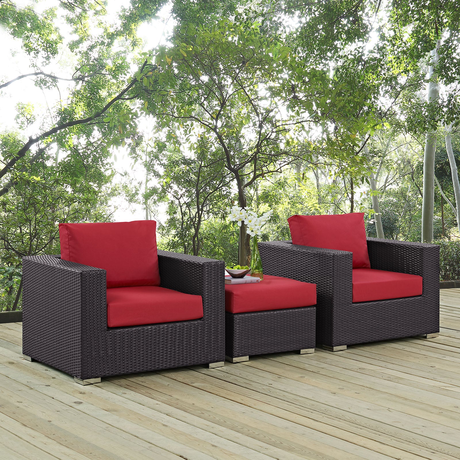 Modway Outdoor Conversation Sets - Convene 3 Piece Outdoor 113" Patio Sofa Set Espresso Red