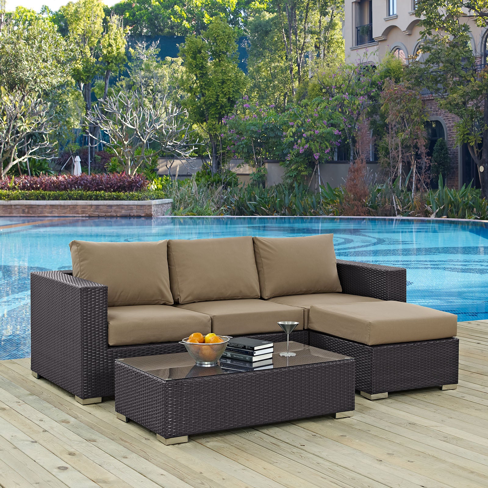 Modway Outdoor Conversation Sets - Convene 3 Piece 77" Outdoor Patio Sofa Set Espresso Mocha