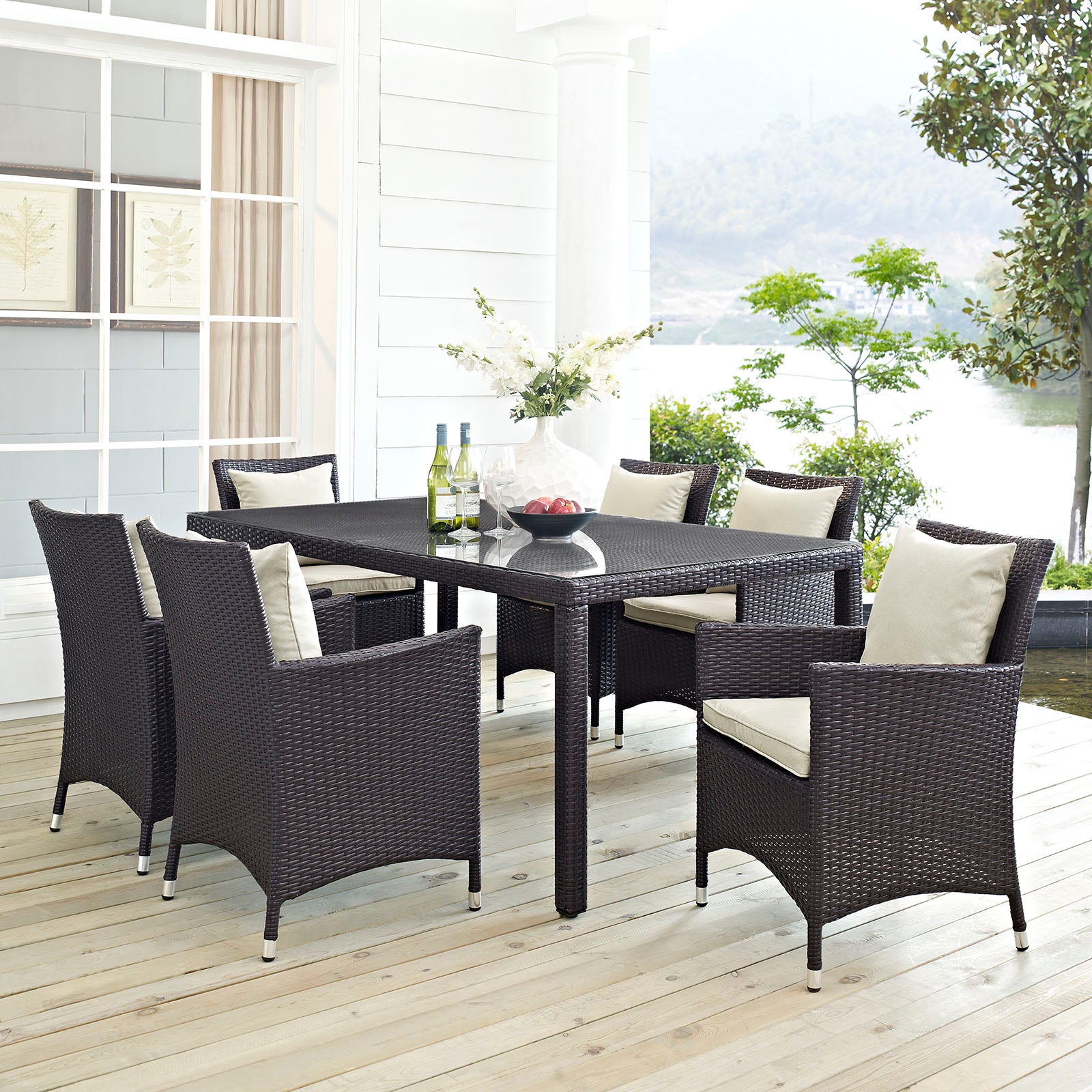 Modway Outdoor Dining Sets - Convene 7 Piece Outdoor Patio Dining Set Espresso Beige