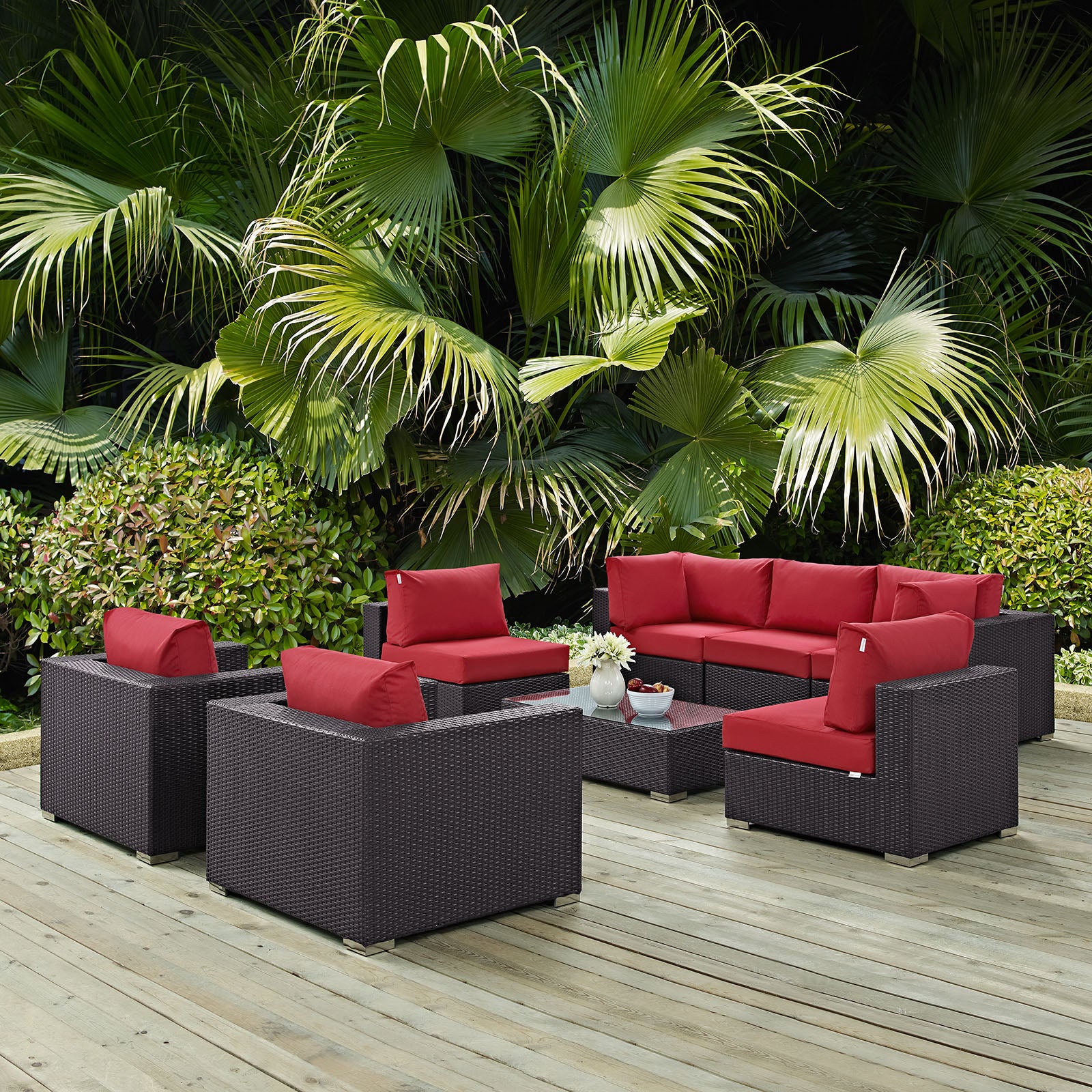 Modway Outdoor Conversation Sets - Convene 8 Pcs Outdoor Patio Sectional Set Espresso Red