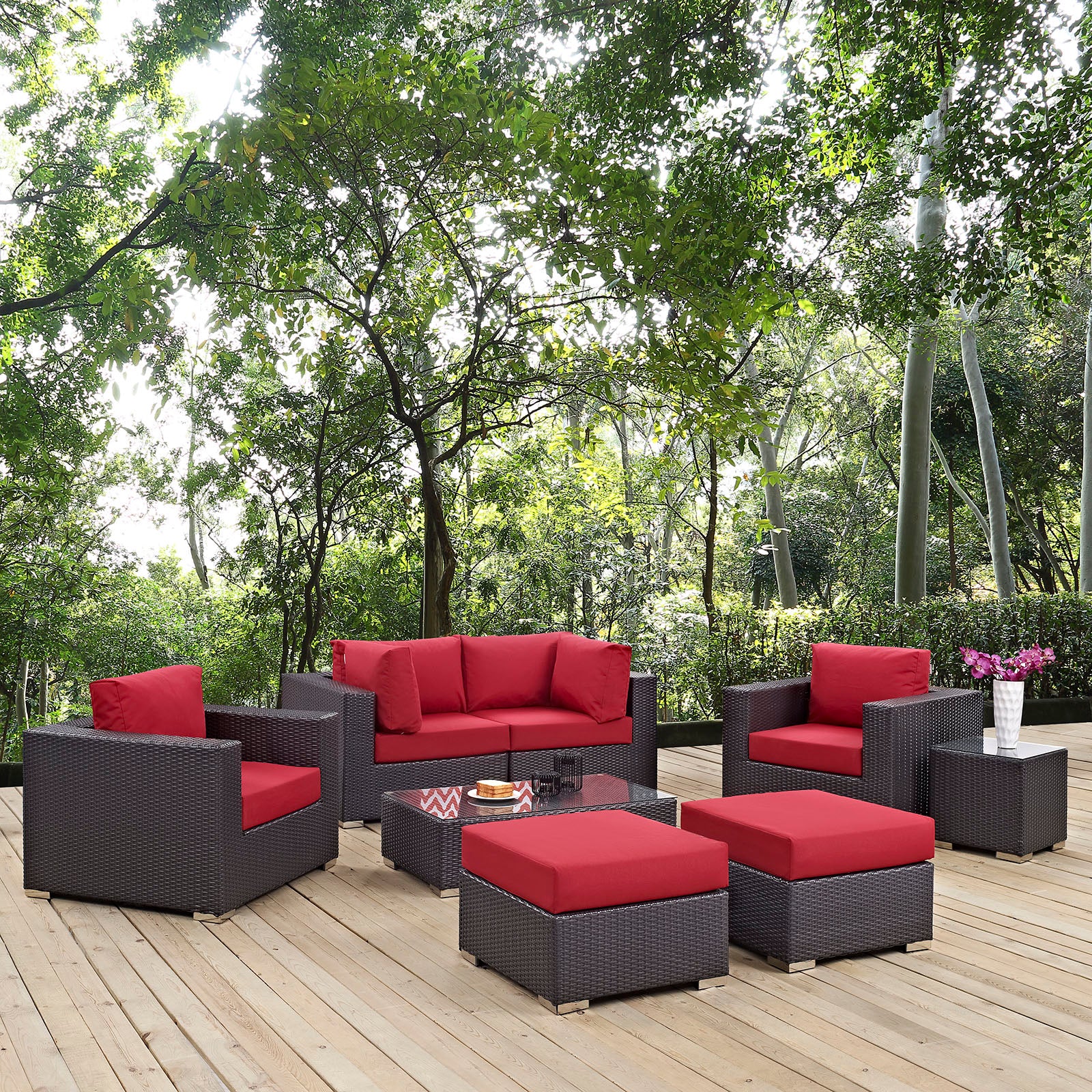 Modway Outdoor Conversation Sets - Convene 8 Pc Outdoor Patio Sectional Set Espresso Red