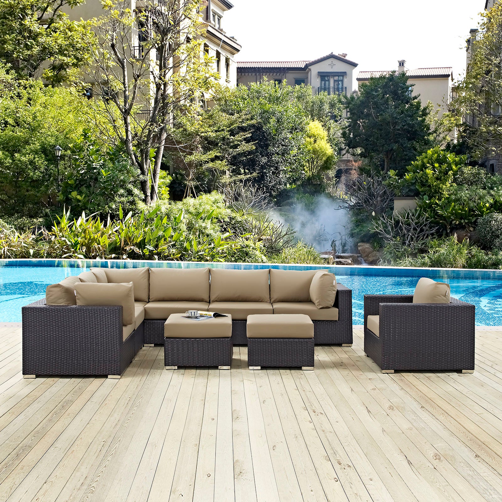 Modway Outdoor Conversation Sets - Convene 9 Piece Outdoor Patio Sectional Set Espresso Mocha