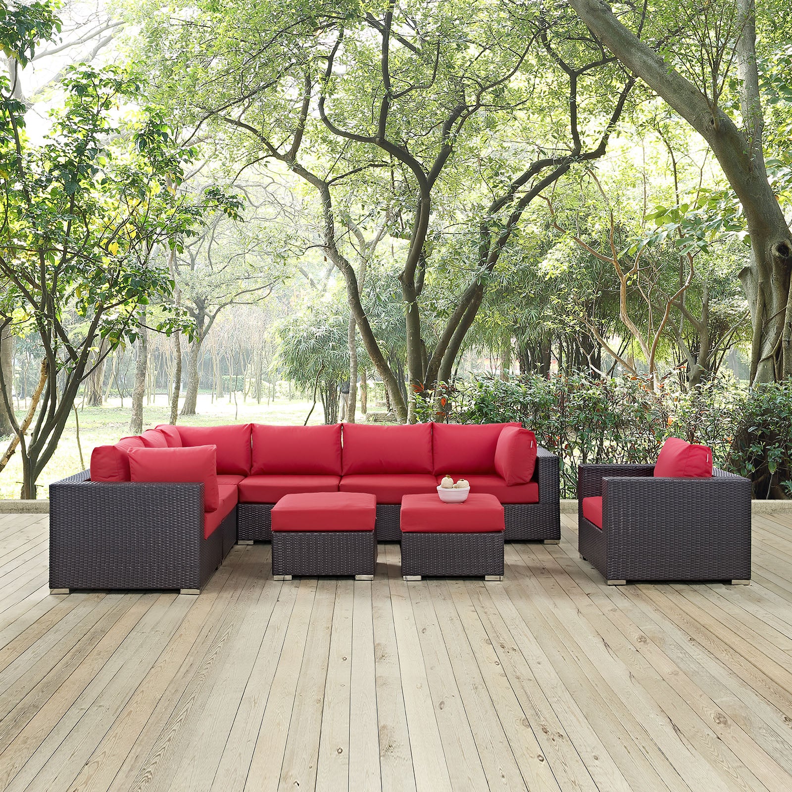 Modway Outdoor Conversation Sets - Convene 9 Piece Outdoor Patio Sectional in Set Espresso Red