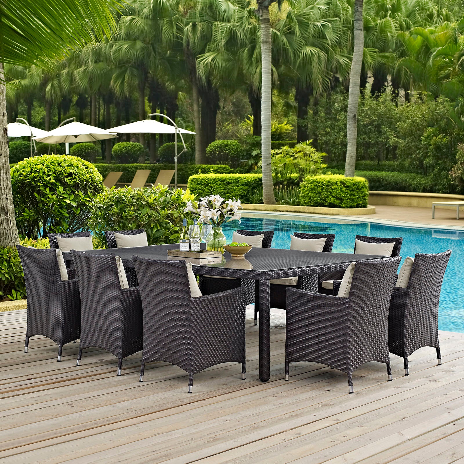 Modway Outdoor Dining Sets - Convene 11 Piece Outdoor Patio Dining Set Espresso Beige