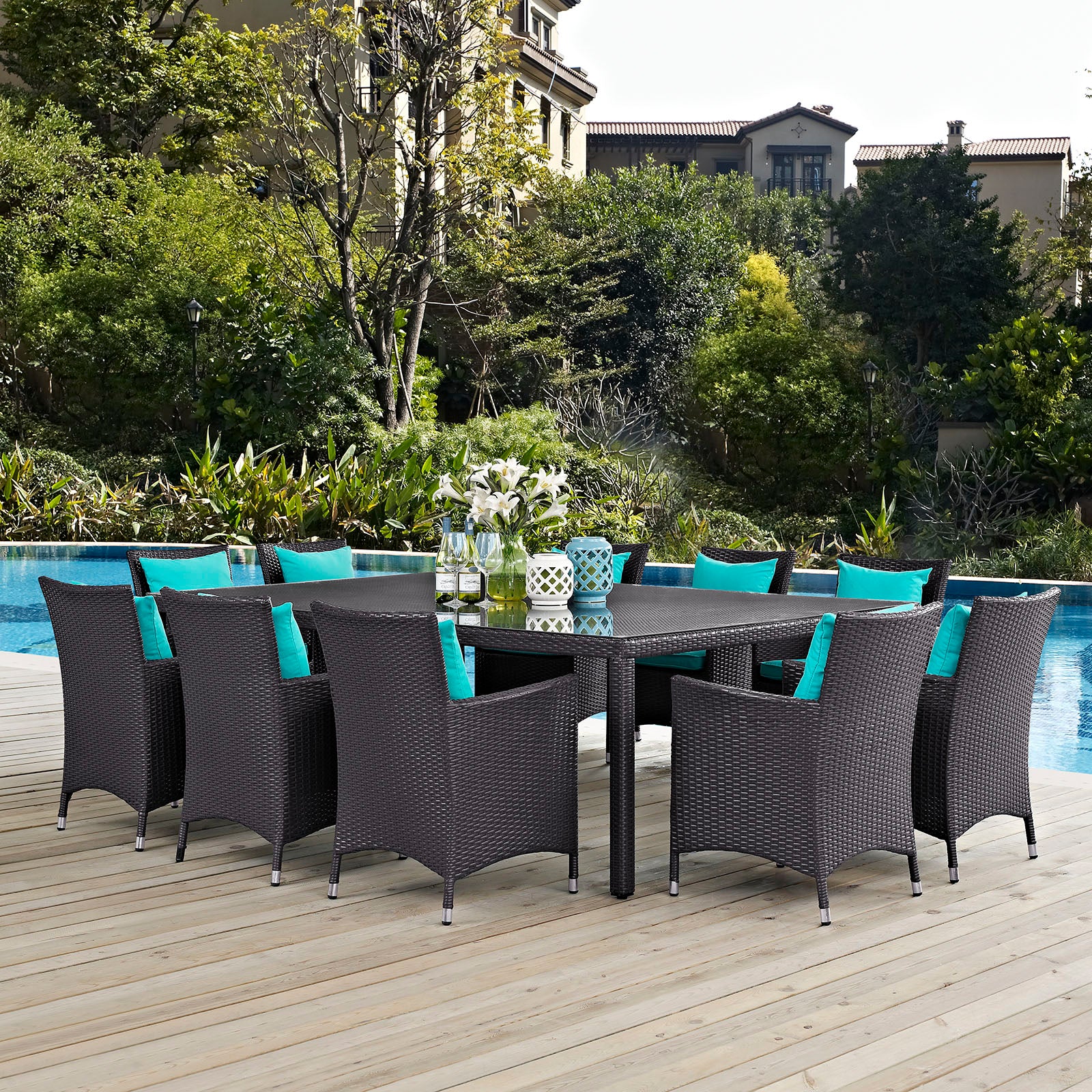 Modway Outdoor Dining Sets - Convene 11 Piece Outdoor Patio Dining Set Espresso Turquoise