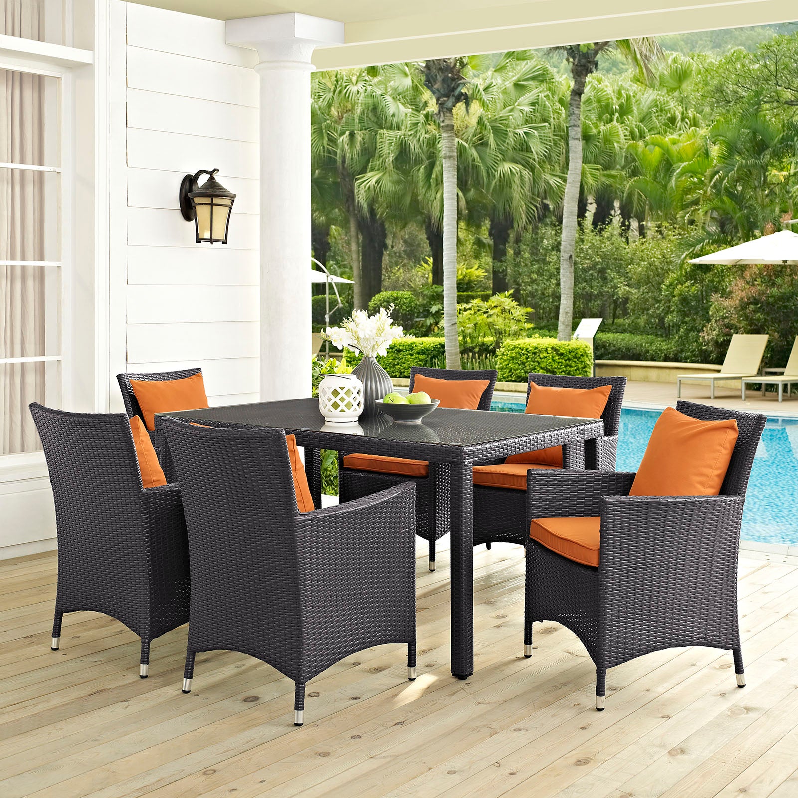 Modway Outdoor Dining Sets - Convene 7 Piece Outdoor Patio Dining Set Espresso Orange 110"