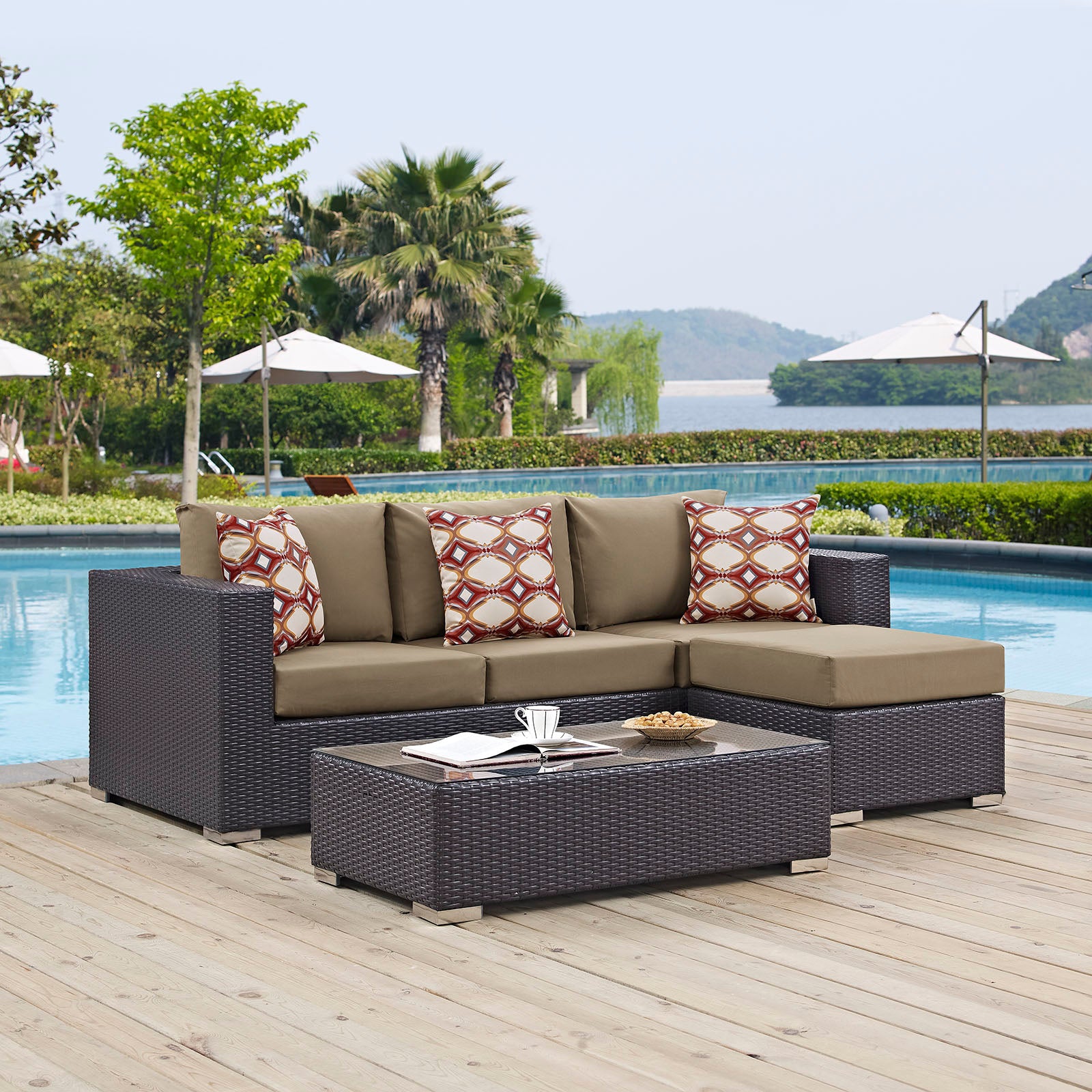 Modway Outdoor Conversation Sets - Convene 3 Piece Patio Sofa Set Espresso Mocha