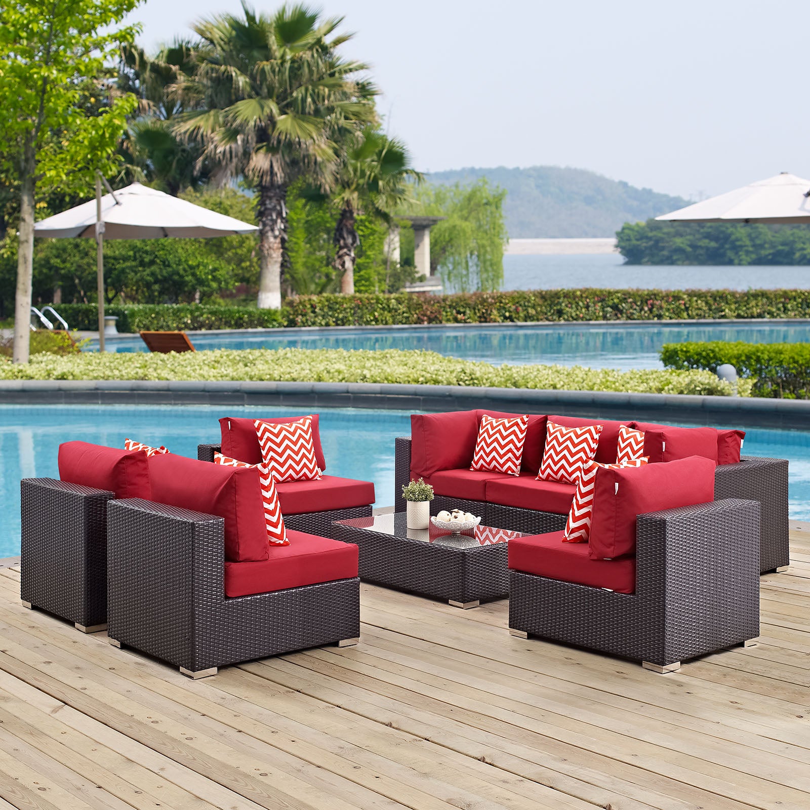 Modway Outdoor Conversation Sets - Convene 8 Piece Outdoor 226"W Patio Sectional Set Espresso Red