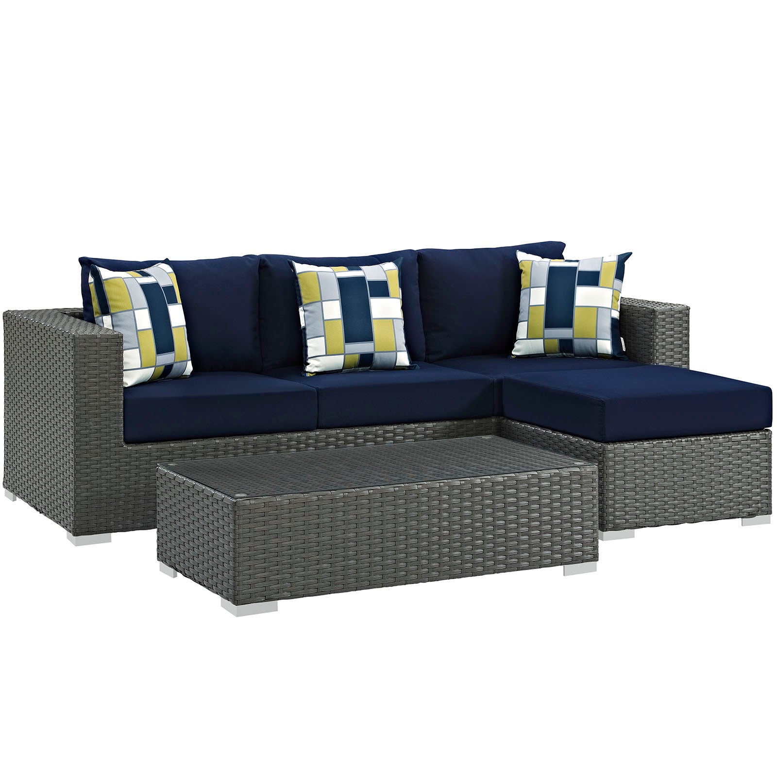 Modway Outdoor Conversation Sets - Sojourn 3 Piece Outdoor Patio Sunbrella Sectional Sofa Set Navy