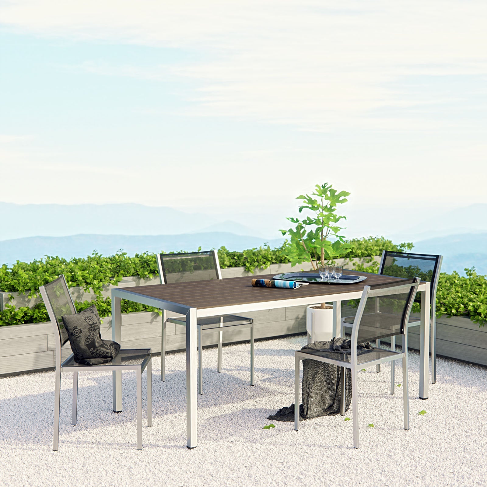 Modway Outdoor Dining Sets - Shore 71.5" 5 Piece Outdoor Patio Aluminum Dining Set Silver Black