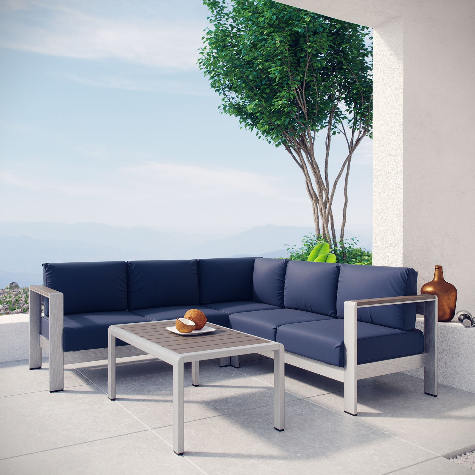 Modway Outdoor Conversation Sets - Shore 4 Piece Outdoor 80.5"W Patio Aluminum Sectional Sofa Set Silver