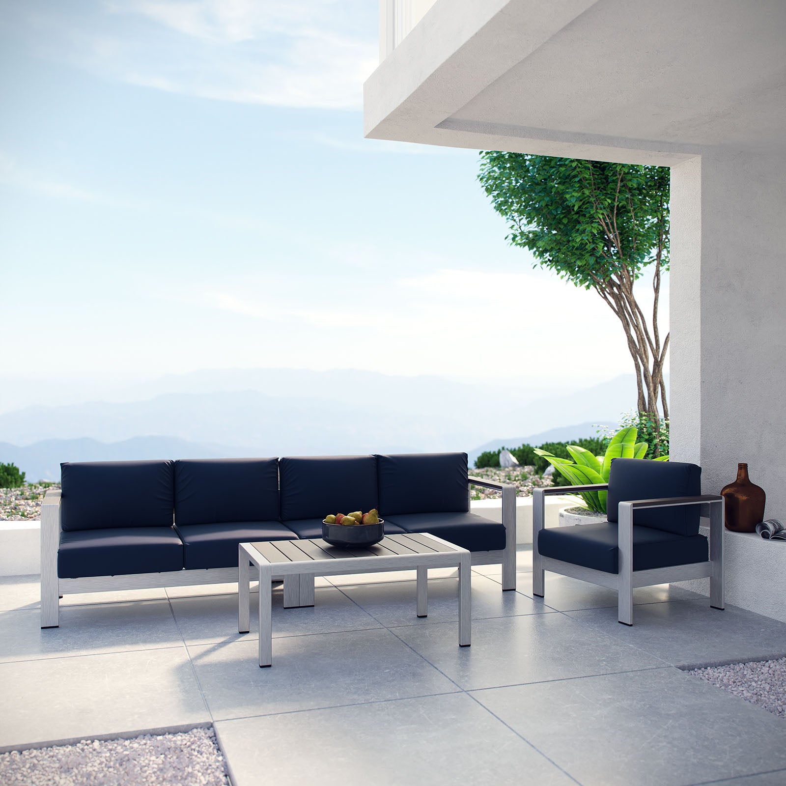 Modway Outdoor Conversation Sets - Shore 4 Piece Outdoor 133.5"W Patio Aluminum Sectional Sofa Set Silver