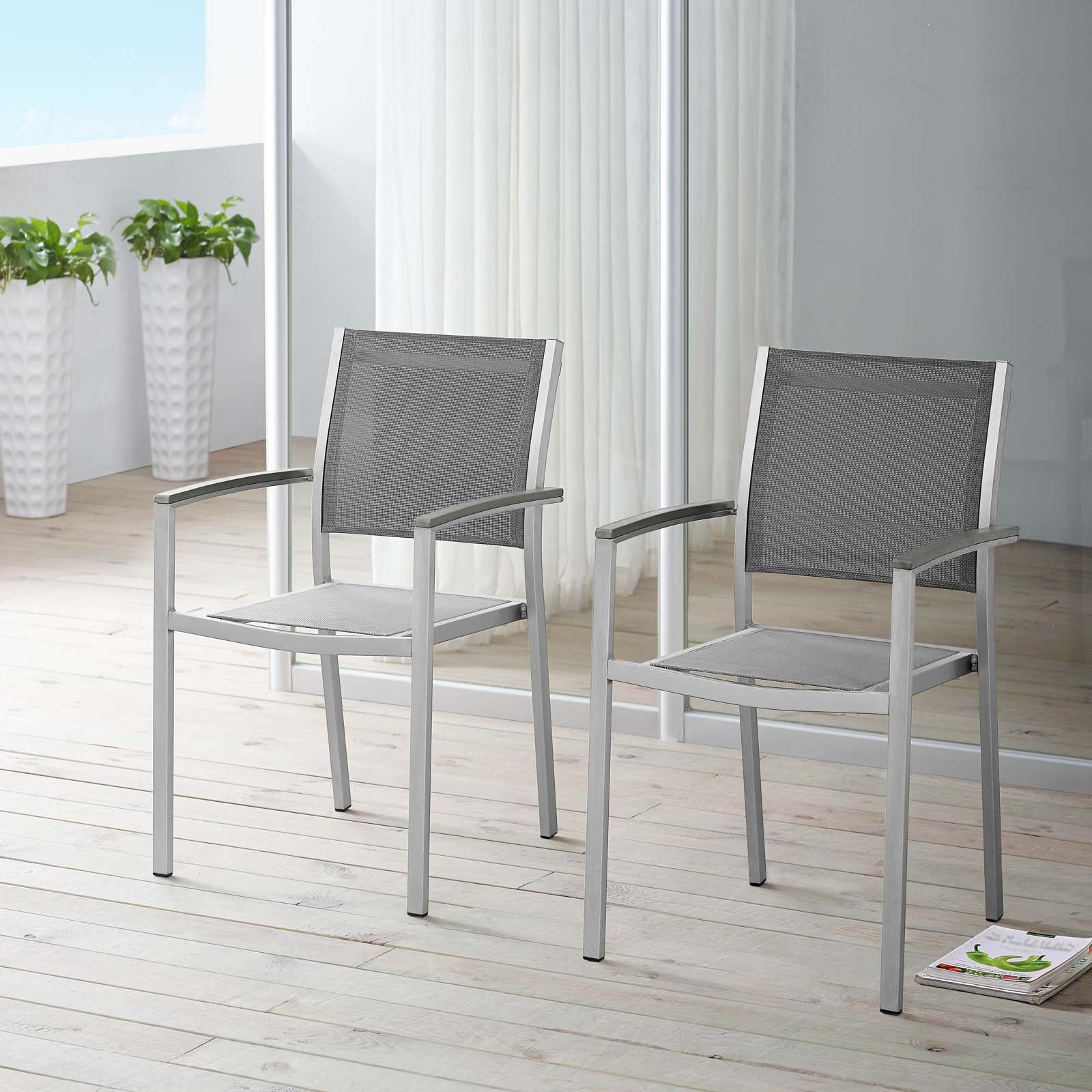 Modway Outdoor Dining Chairs - Shore Dining Chair Outdoor Patio Aluminum Set of 2 Silver Gray