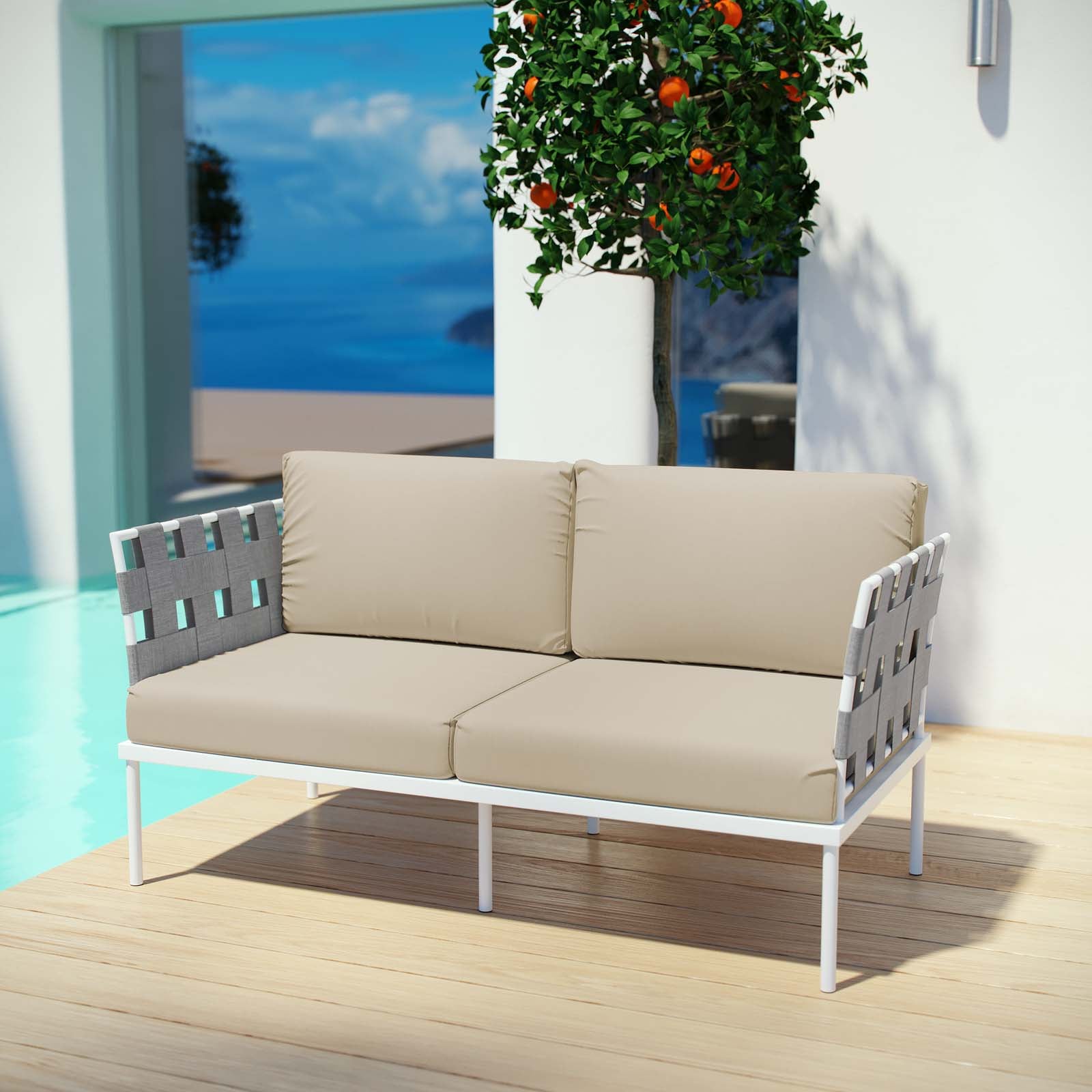 Modway Outdoor Sofas - Harmony Outdoor Patio Aluminum Loveseat White Beige