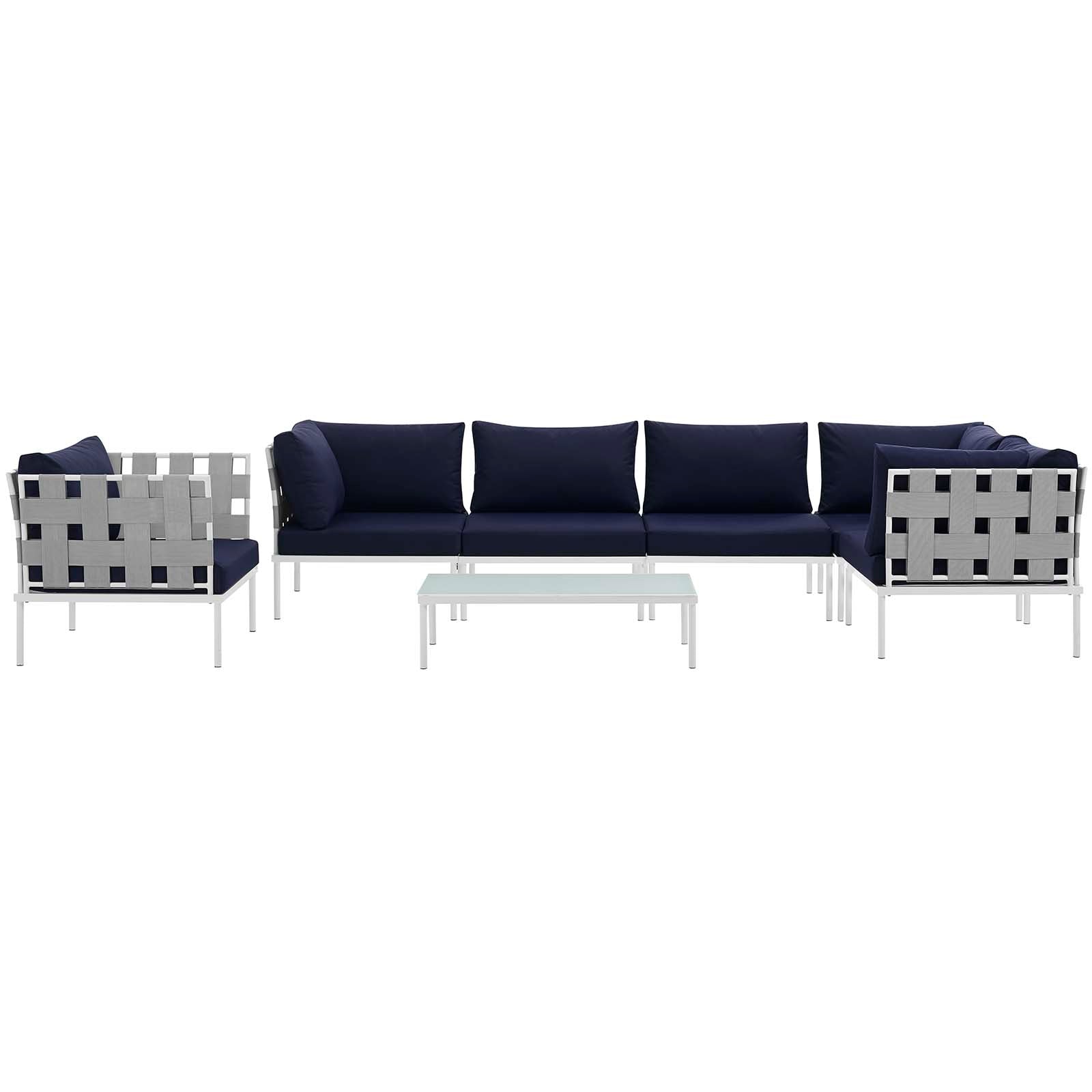 Modway Outdoor Sofas - Harmony 7 Piece Outdoor Patio Aluminum Sectional Sofa Set White Navy