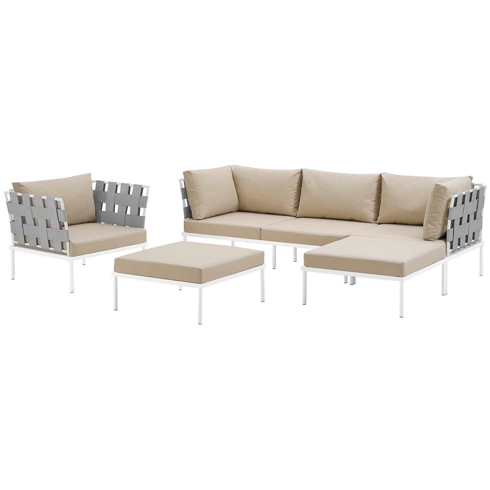 Modway Outdoor Conversation Sets - Harmony 6 Piece Outdoor 132"W Patio Aluminum Sectional Sofa Set Whit