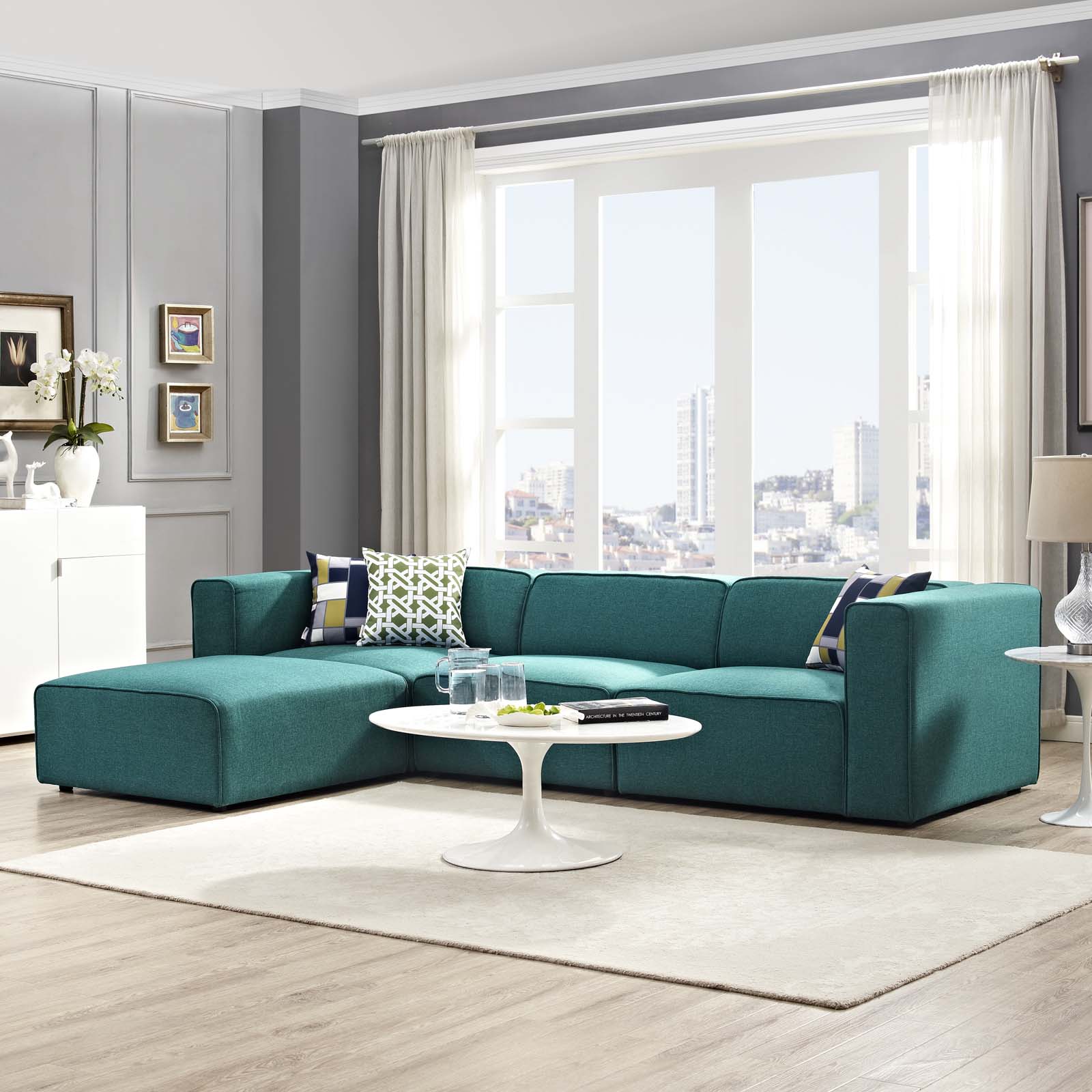 Modway Sectional Sofas - Mingle Upholstered Reversible Sectional Sofa Teal