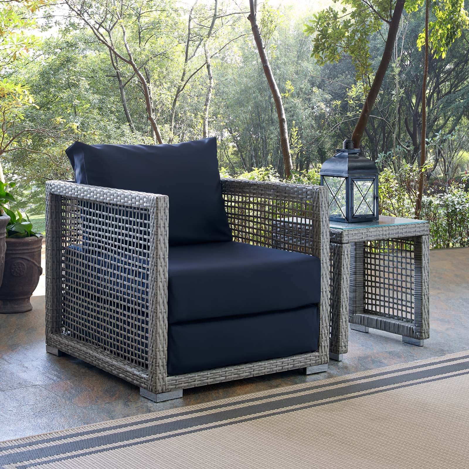 Modway Outdoor Dining Sets - Aura Rattan Outdoor Patio Armchair Gray Navy