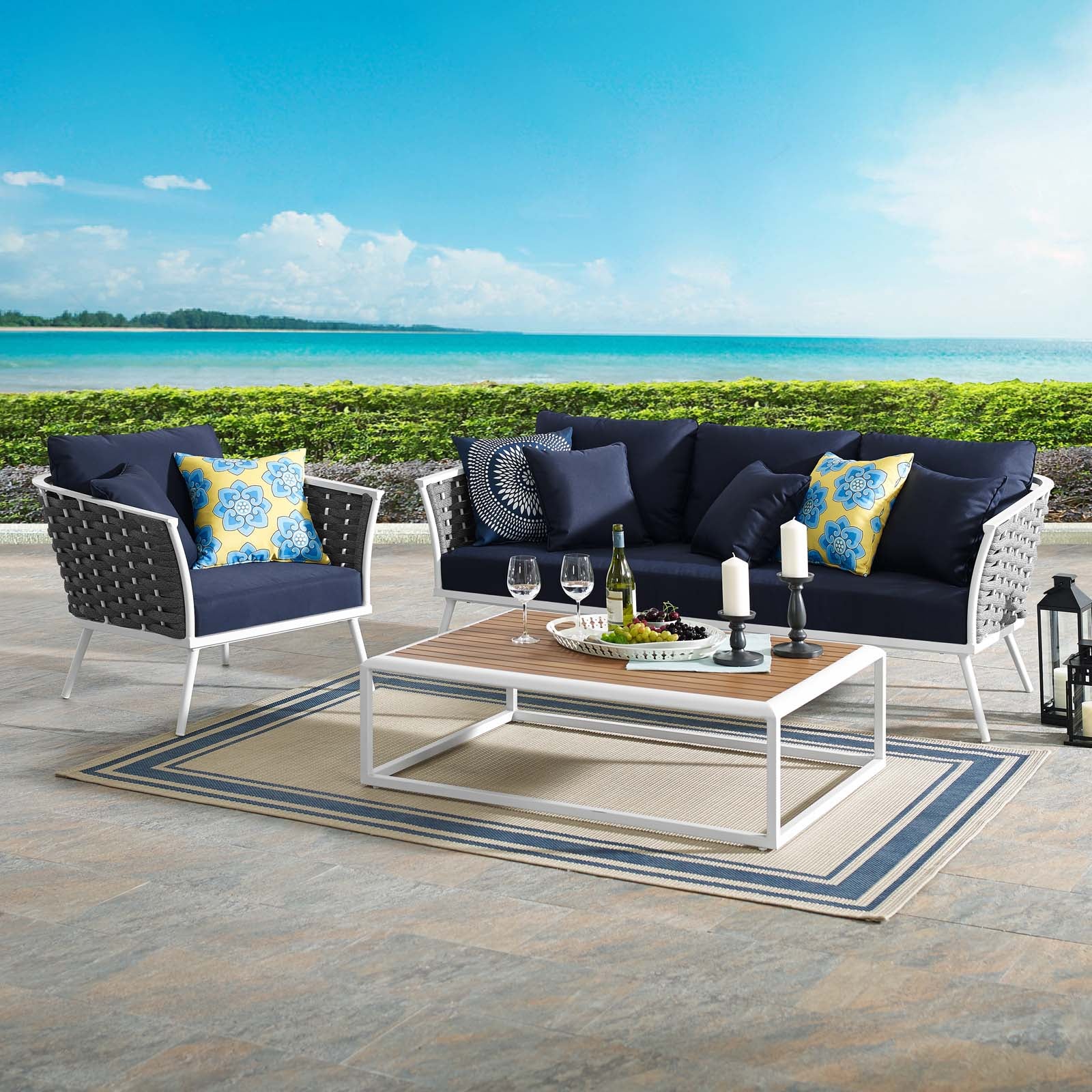 Modway Outdoor Conversation Sets - Stance 3 Piece Outdoor 107.5"W Patio Aluminum Sectional Sofa Set White