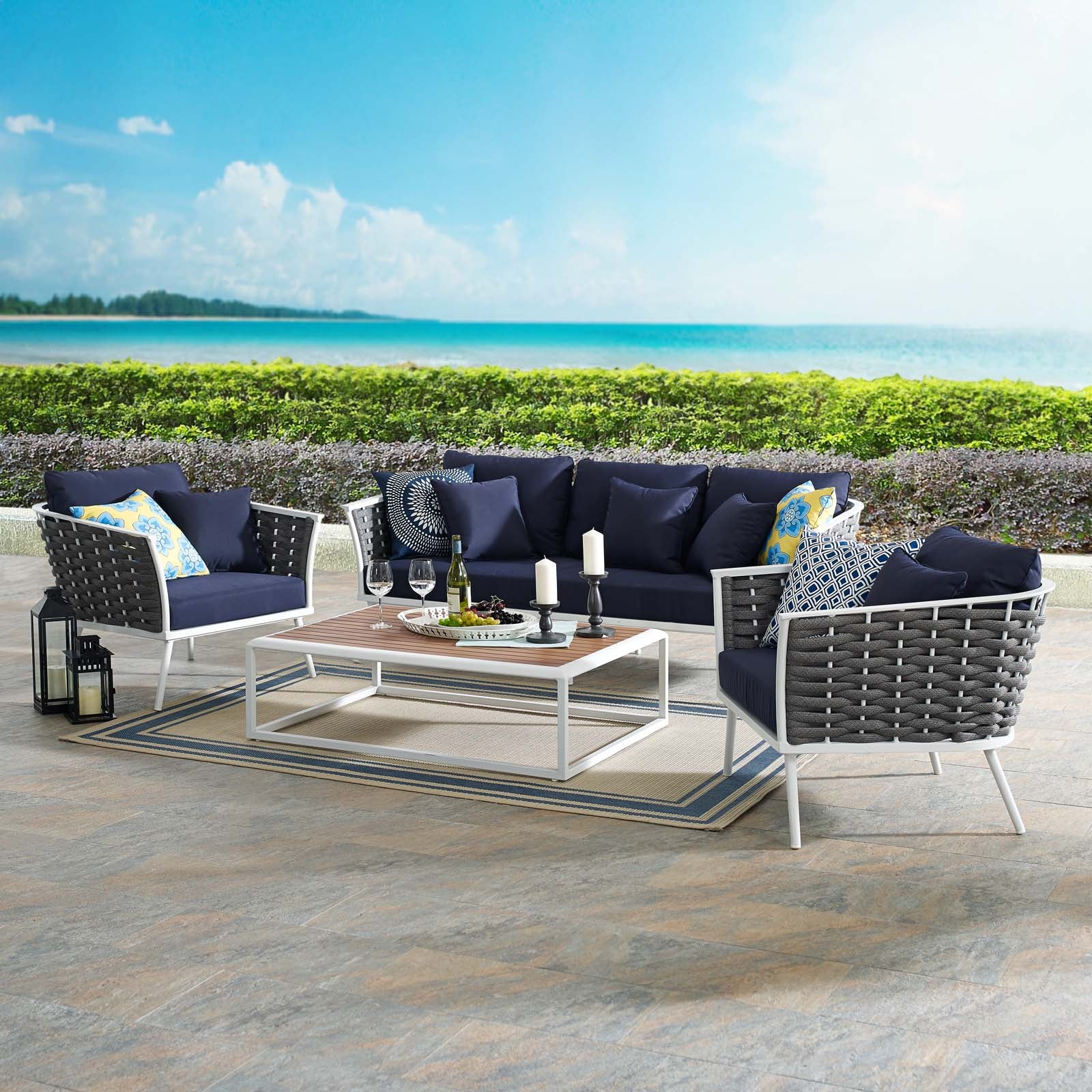 Modway Outdoor Conversation Sets - Stance 4 Piece Outdoor 107.5"W Patio Aluminum Sectional Sofa Set White