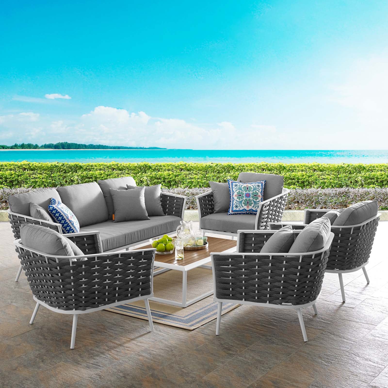 Modway Outdoor Conversation Sets - Stance 6 Piece Outdoor 139.5"W & 97 D Patio Aluminum Sectional Sofa Set White