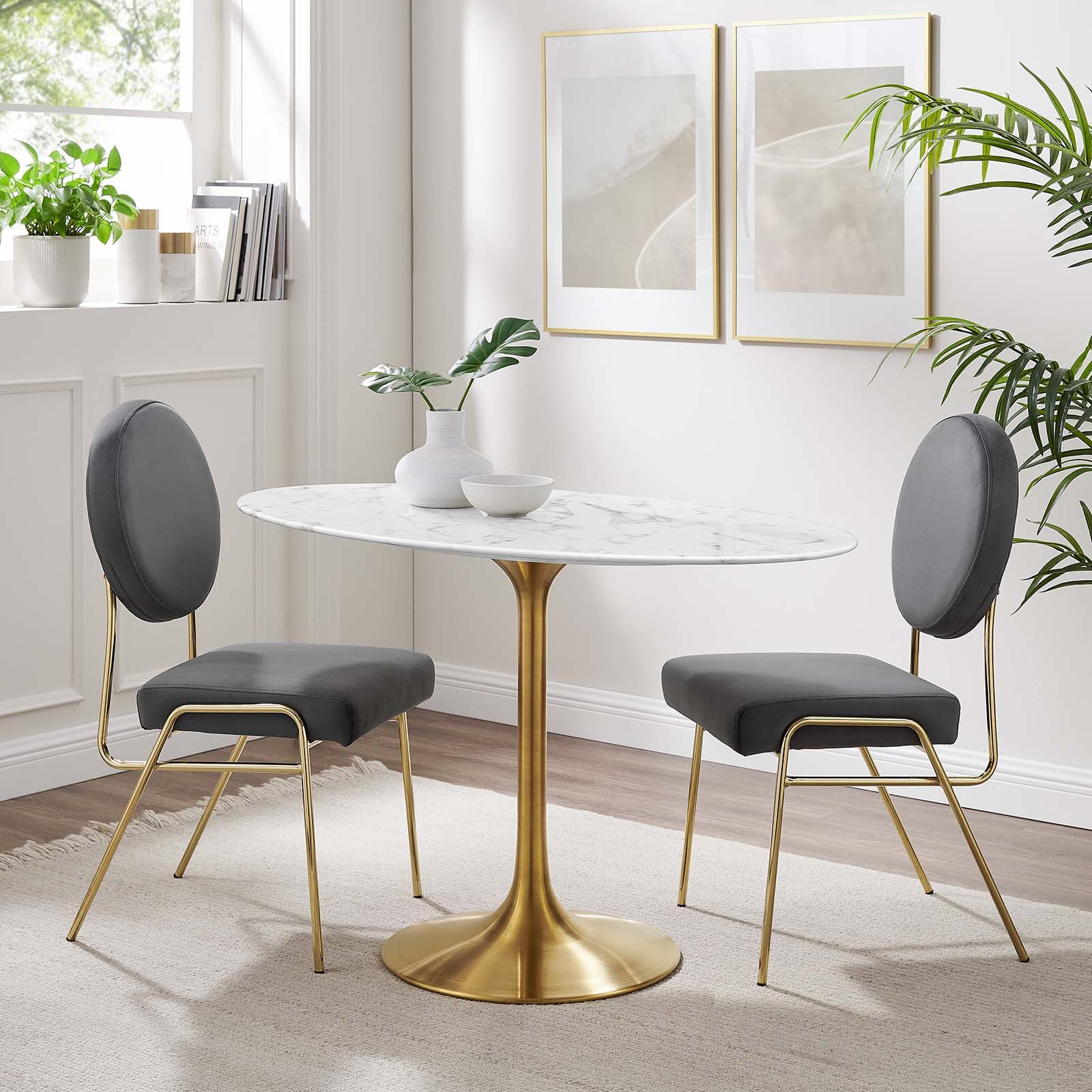 Modway Dining Tables - Lippa 48" Artificial Marble Oval Dining Table Gold & White