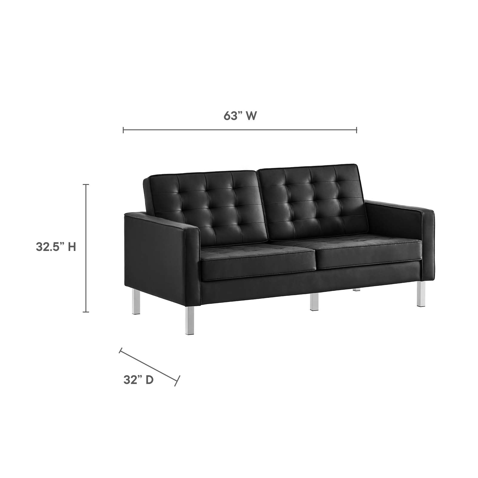 Modway Loveseats - Loft-Tufted-Vegan-Leather-Loveseat-Silver-Black