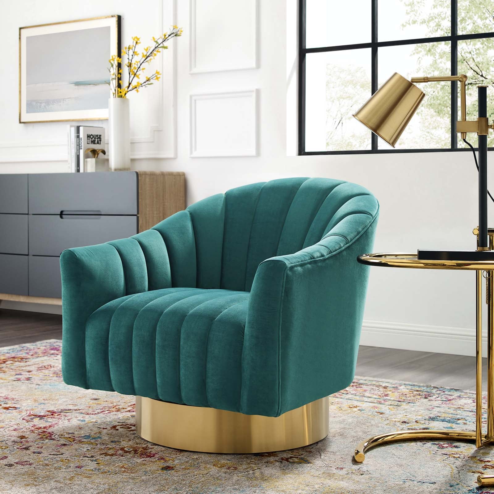 Modway Accent Chairs - Buoyant Vertical Channel Tufted Accent Lounge Performance Velvet Swivel Chair Teal