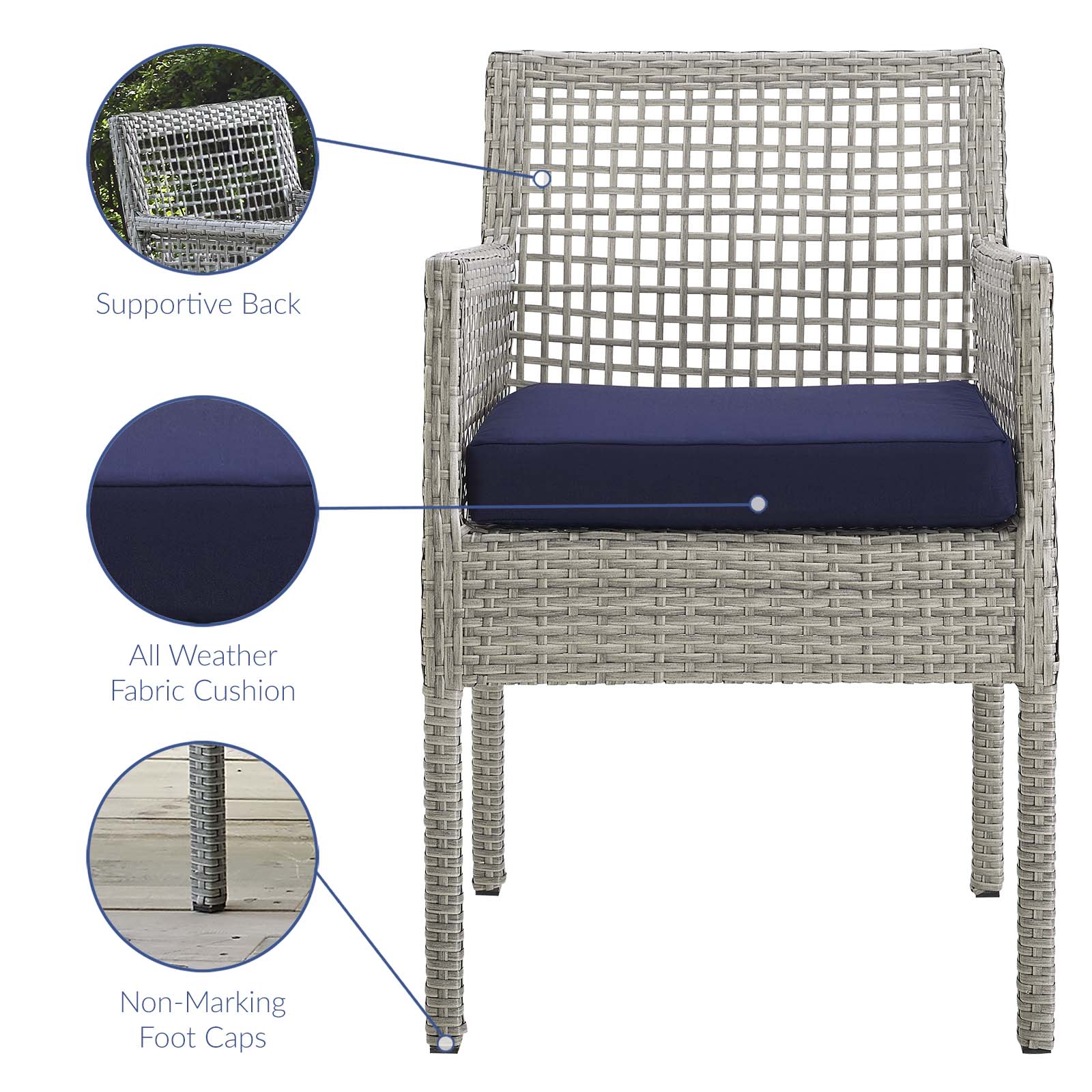 Modway Outdoor Dining Chairs - Aura Dining Armchair Outdoor Patio Wicker Rattan Set of 4 Gray Navy