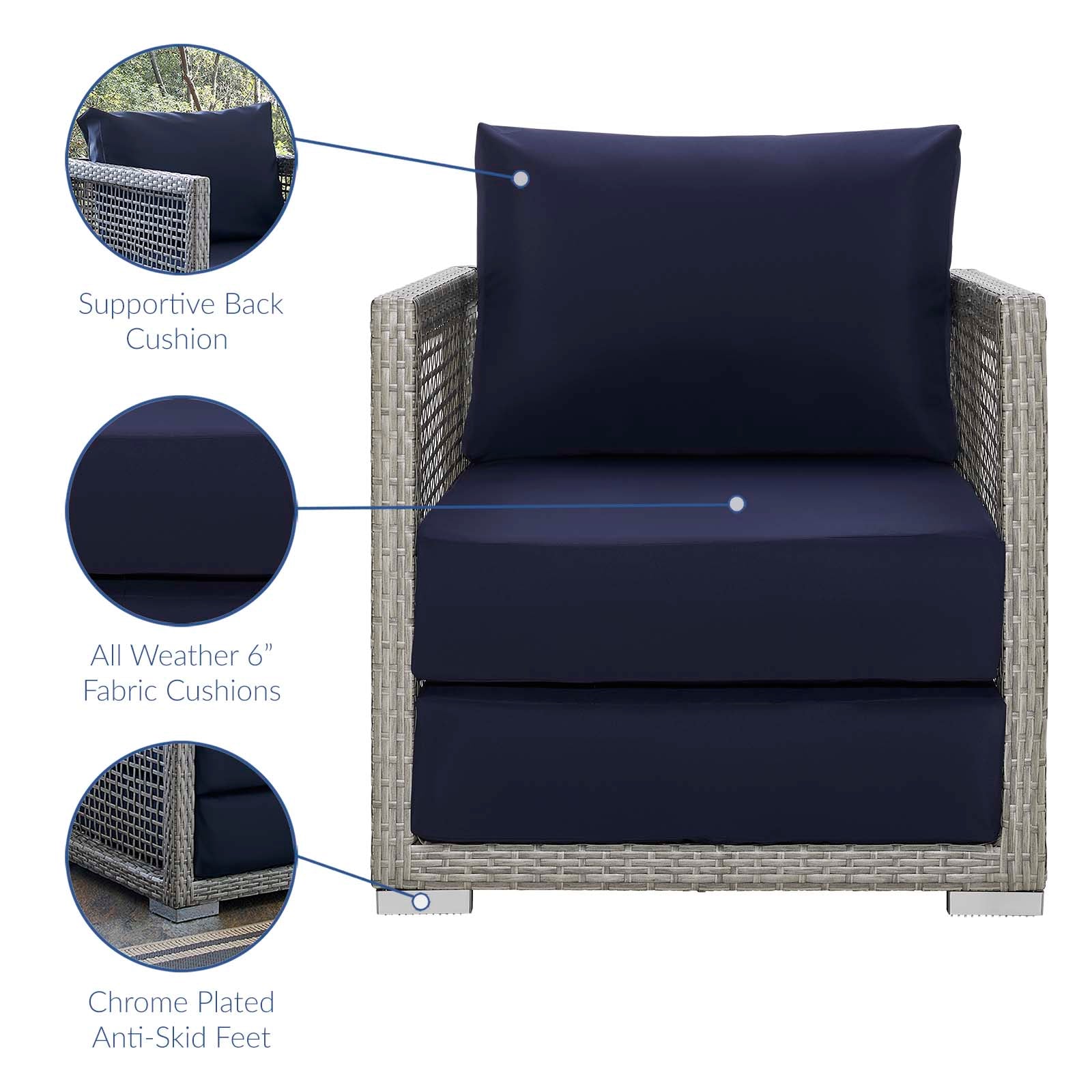 Modway Outdoor Sofas - Aura-3-Piece-Outdoor-Patio-Wicker-Rattan-Set-Gray-Navy