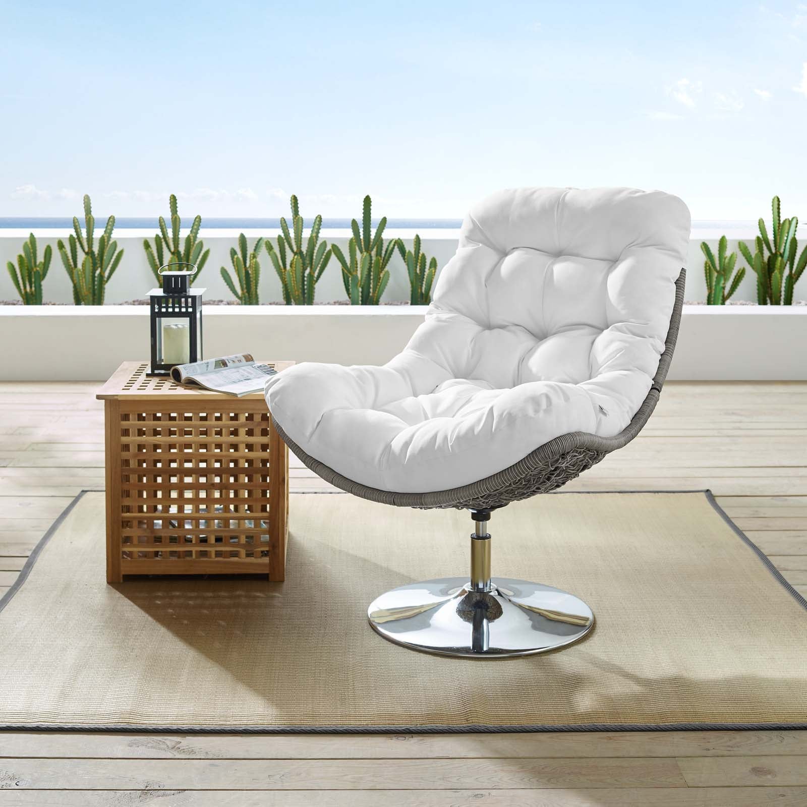 Modway Outdoor Chairs - Brighton Wicker Rattan Outdoor Patio Swivel Lounge Chair Light Gray White