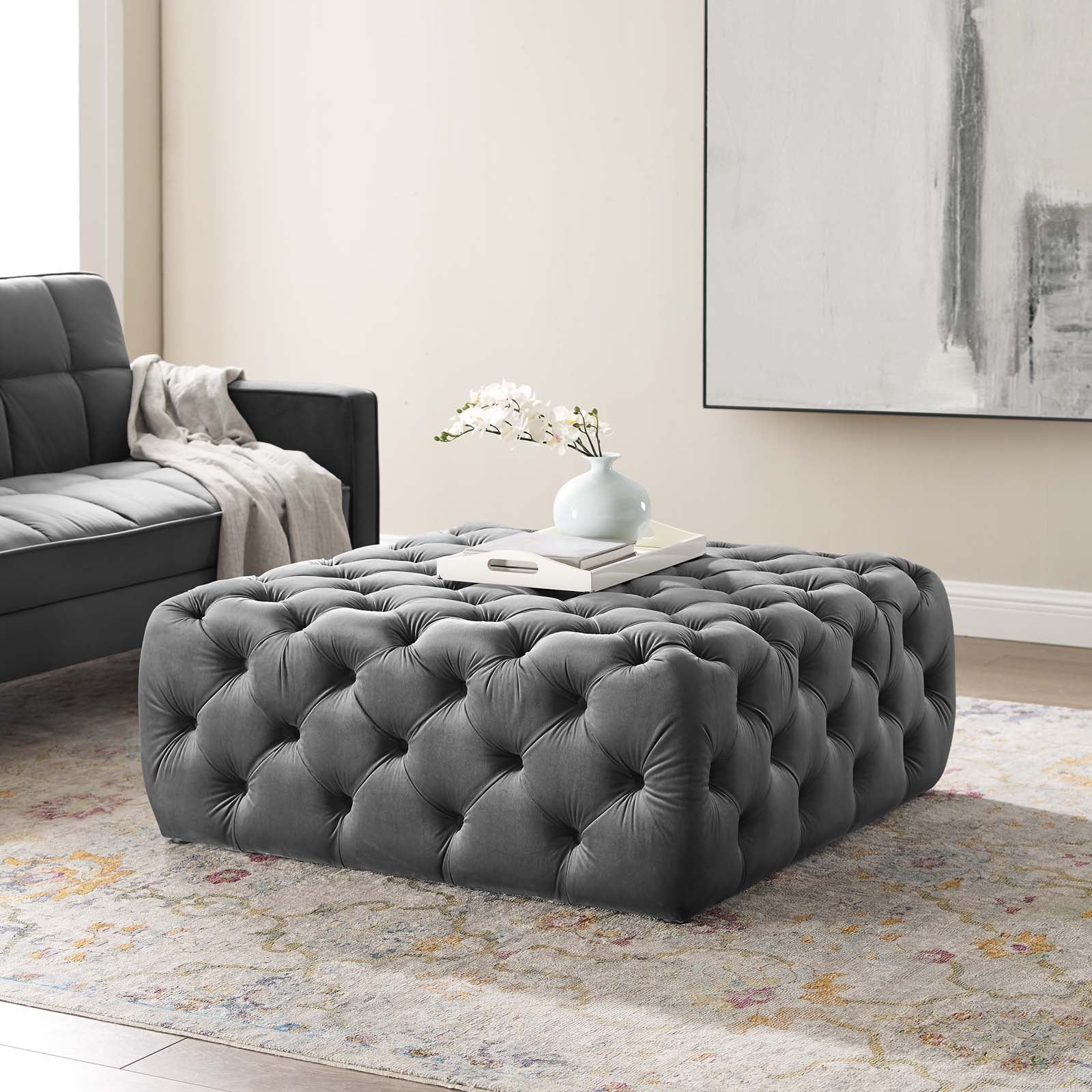 Modway Ottomans & Stools - Amour Tufted Button Large Square Performance Velvet Ottoman Gray