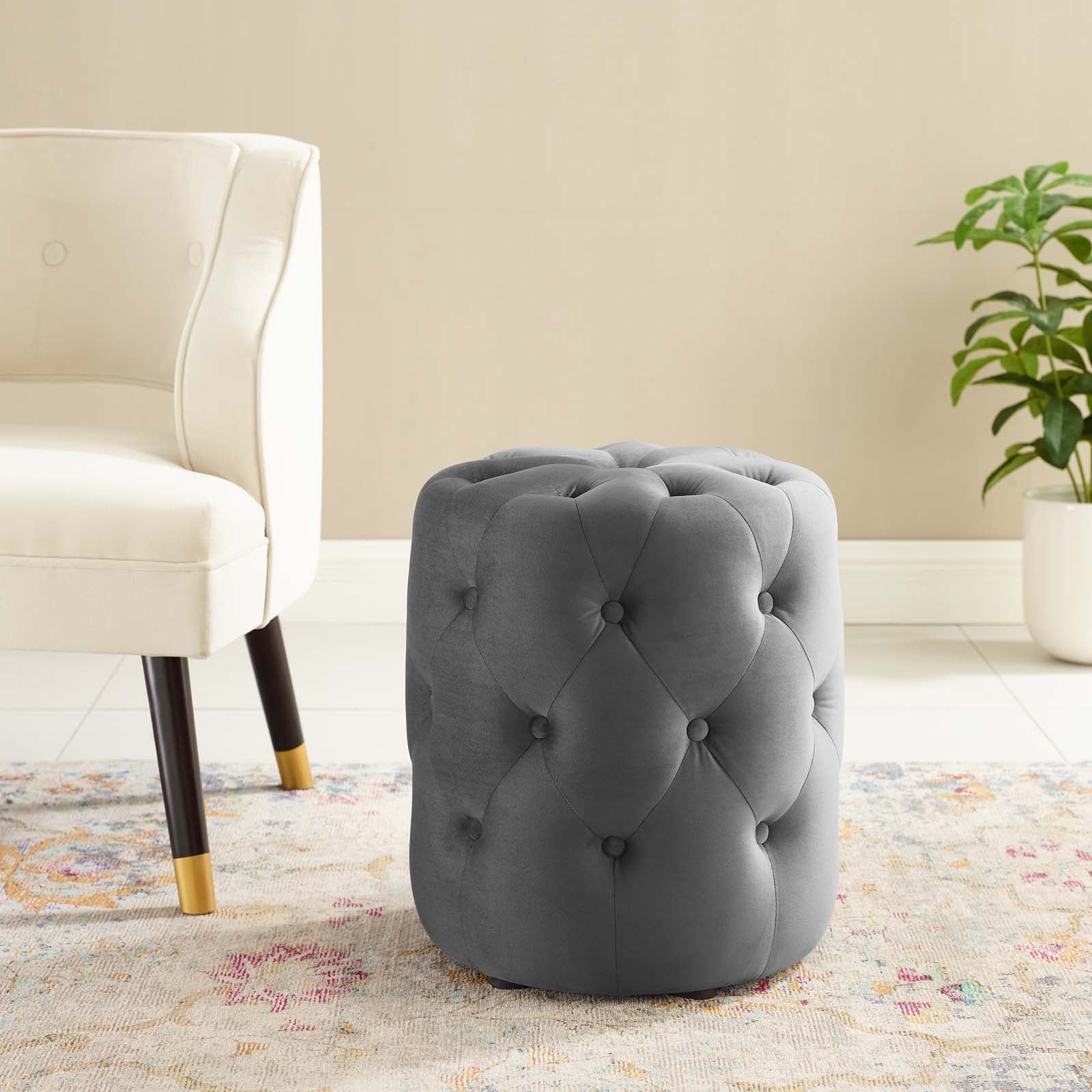 Modway Ottomans & Stools - Amour Tufted Button Round Performance Velvet Ottoman Gray