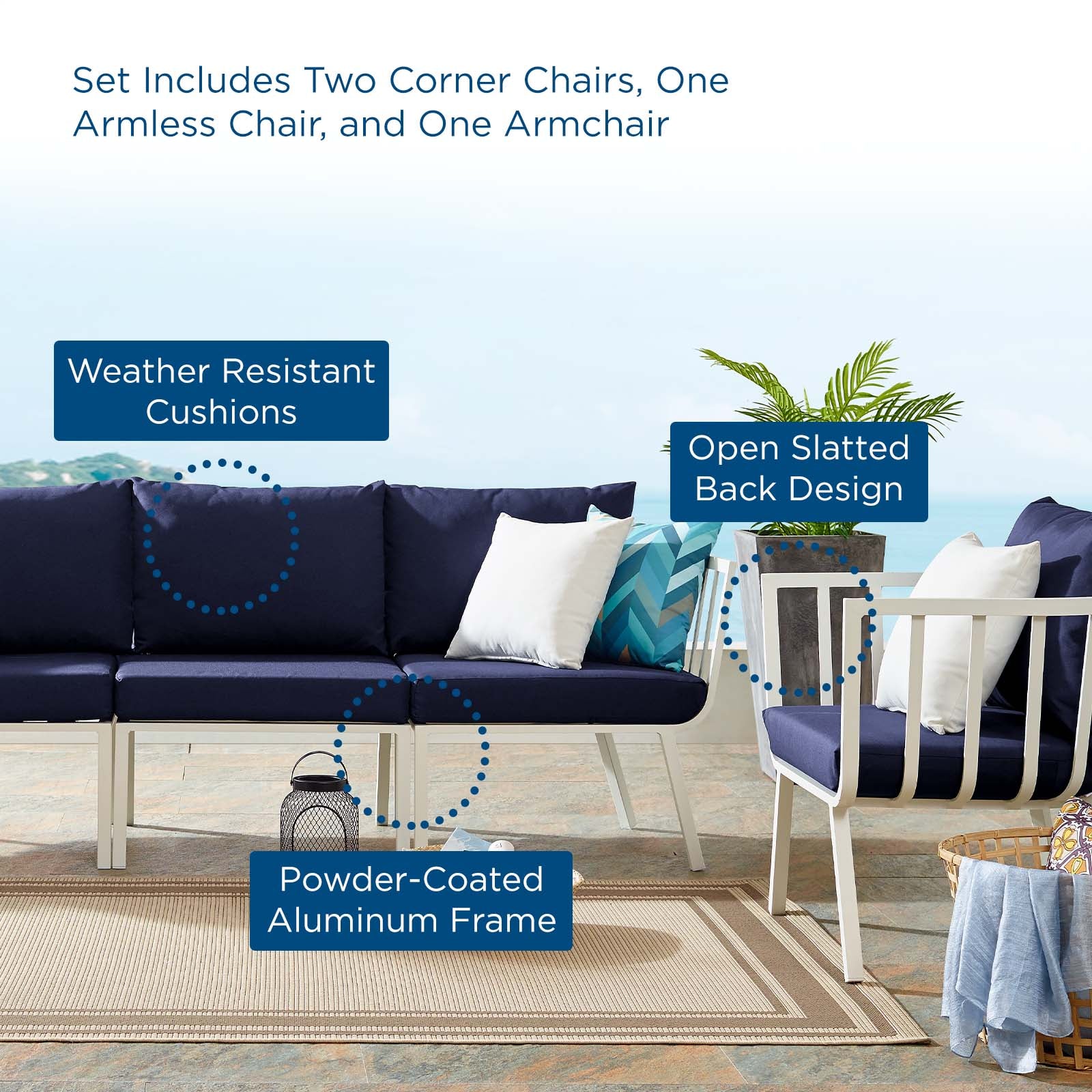 Modway Outdoor Conversation Sets - 61.5" Riverside 4 Piece Outdoor Patio Aluminum Set White Navy