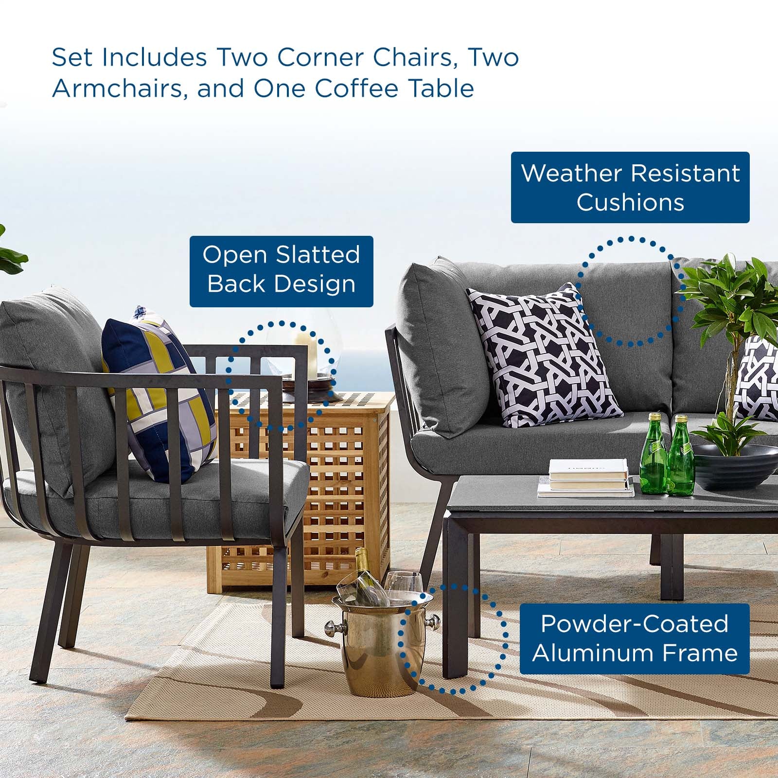 Modway Outdoor Conversation Sets - Riverside 5 Piece Outdoor Patio Set Gray and Charcoal