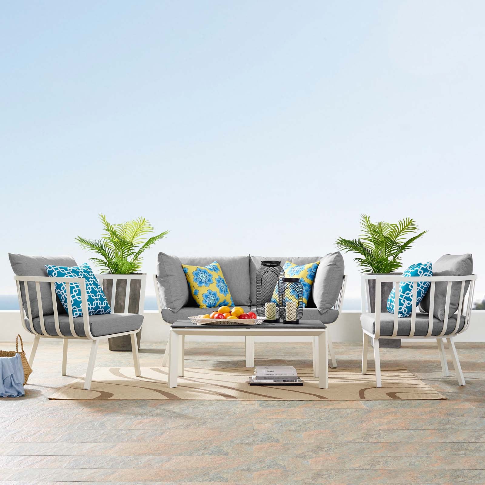 Modway Outdoor Conversation Sets - Riverside 5 Piece Outdoor 116" W Patio Aluminum Set White Gray