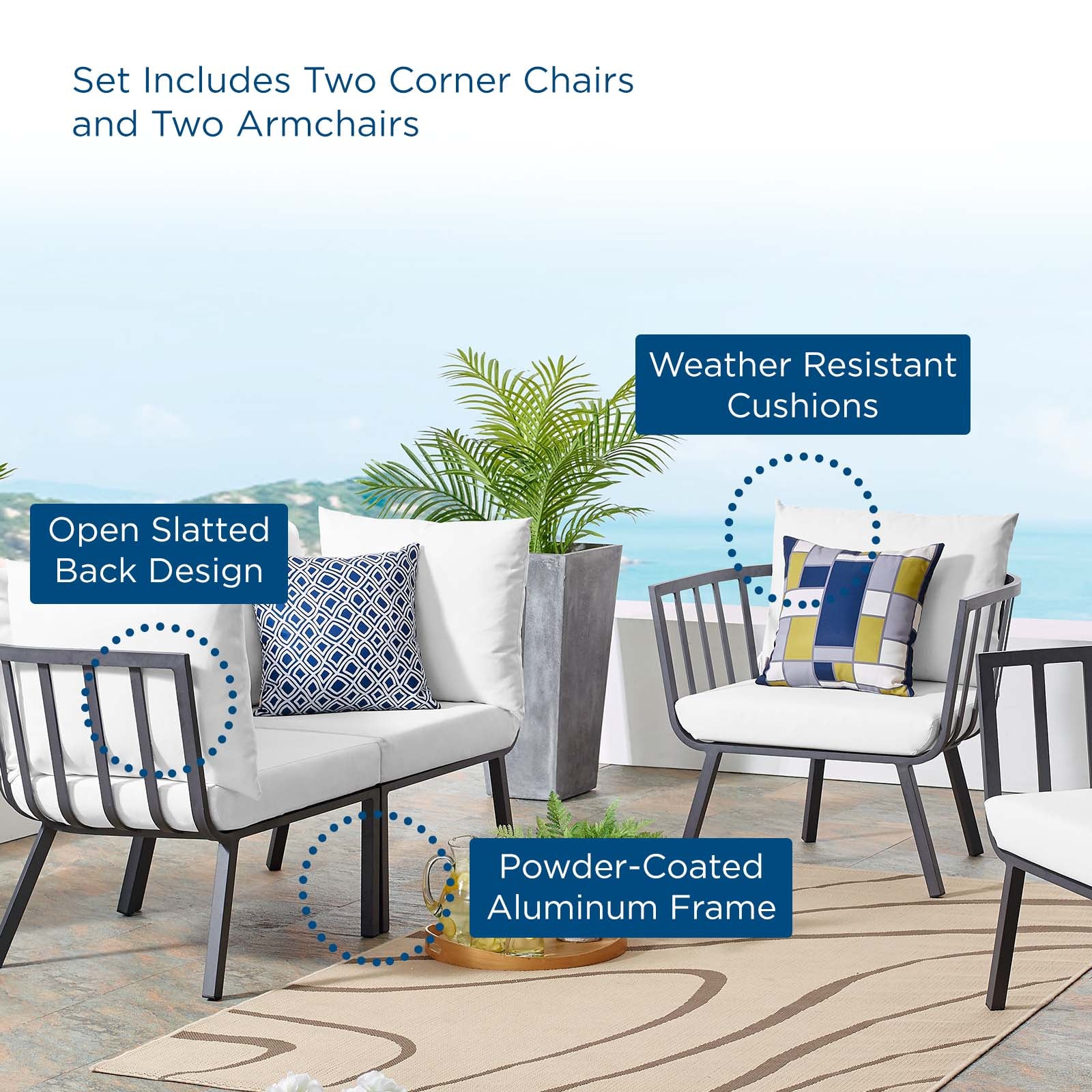 Modway Outdoor Conversation Sets - Riverside 4 Piece Outdoor Patio Aluminum Set Gray White