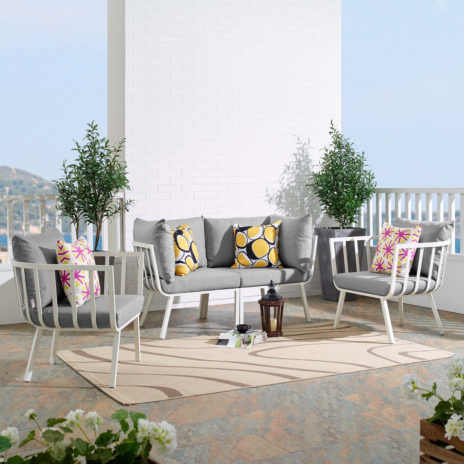 Modway Outdoor Conversation Sets - Riverside 4 Piece Outdoor Patio Aluminum Set White Gray