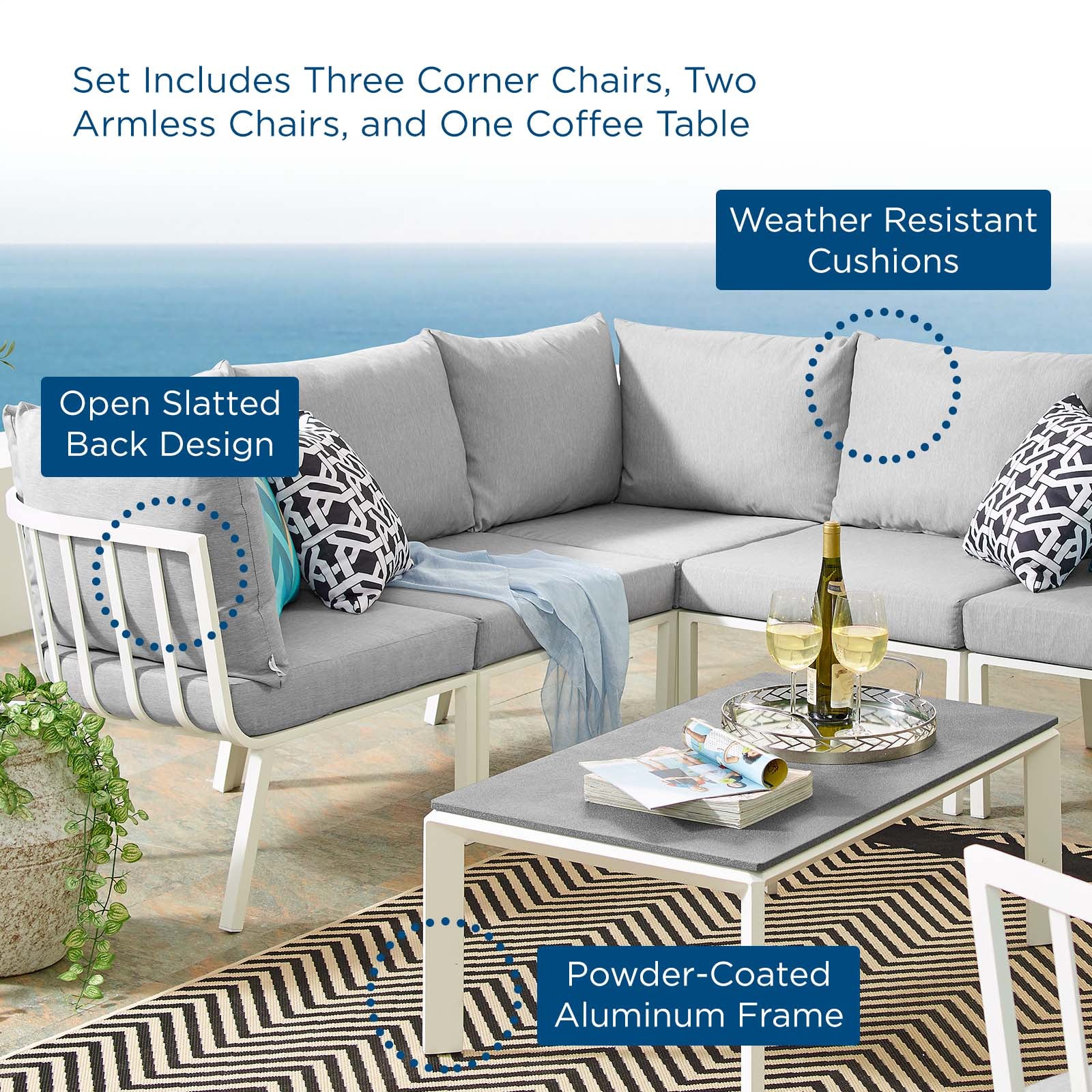 Modway Outdoor Conversation Sets - Riverside 6 Piece Outdoor 85.5 " W Patio Aluminum Set White Gray