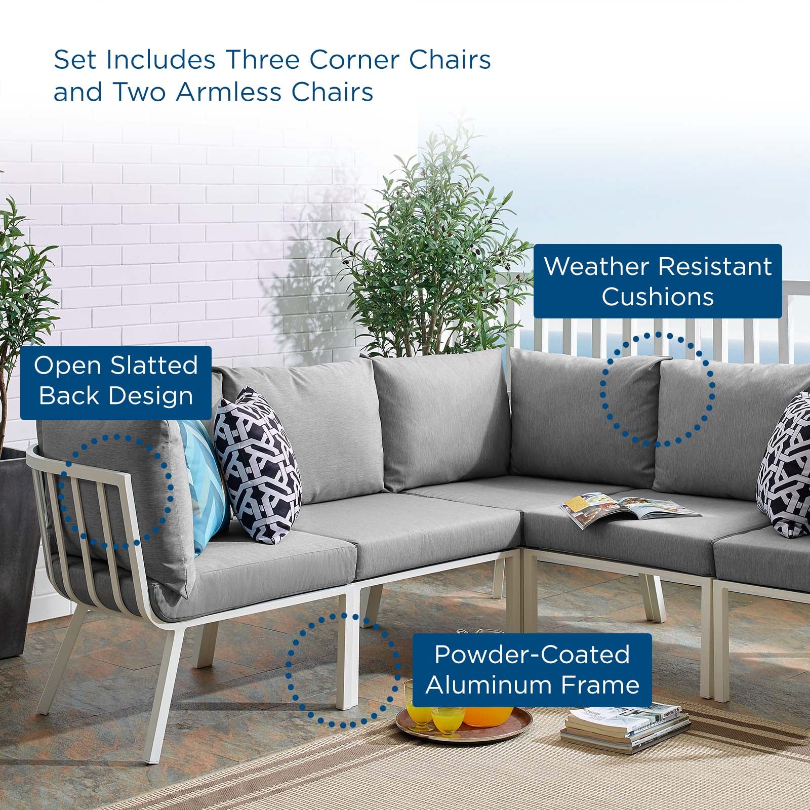 Modway Outdoor Conversation Sets - Riverside 5 Piece Outdoor Patio Aluminum Sectional White Gray