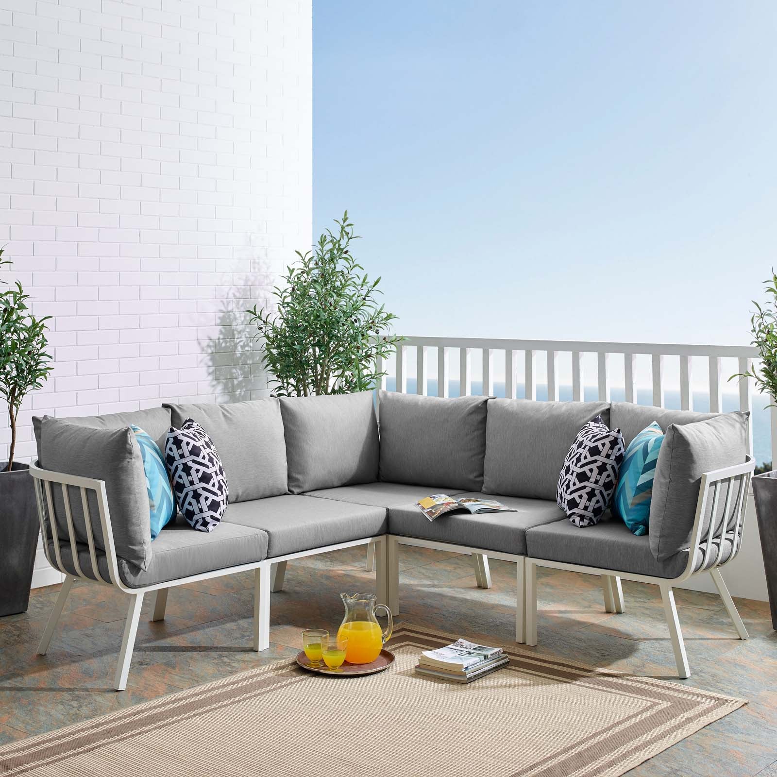 Modway Outdoor Conversation Sets - Riverside 5 Piece Outdoor Patio Aluminum Sectional White Gray