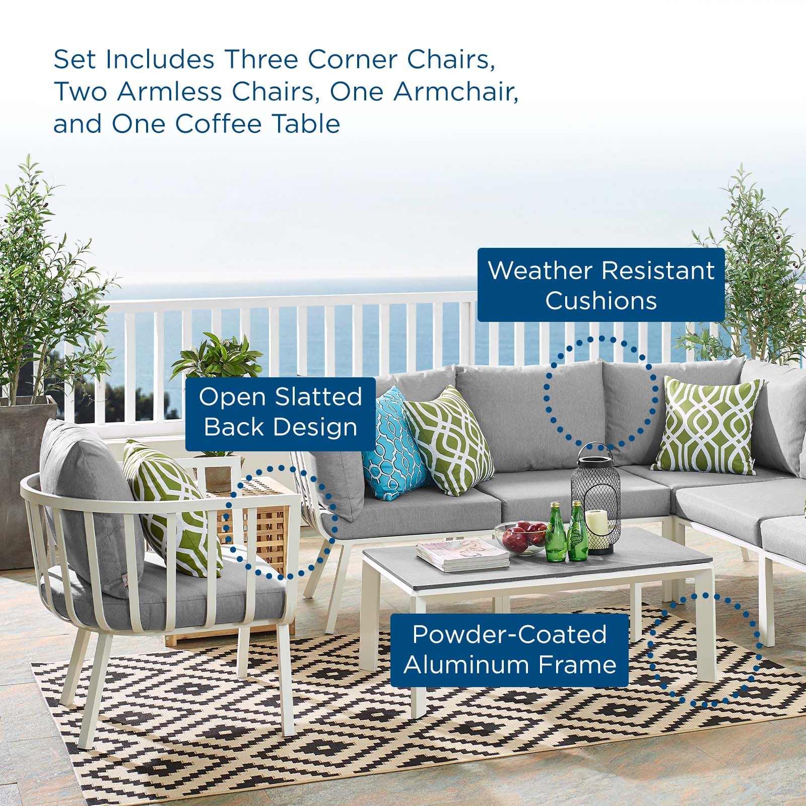 Modway Outdoor Conversation Sets - Riverside 7 Piece Outdoor Patio Set White Gray